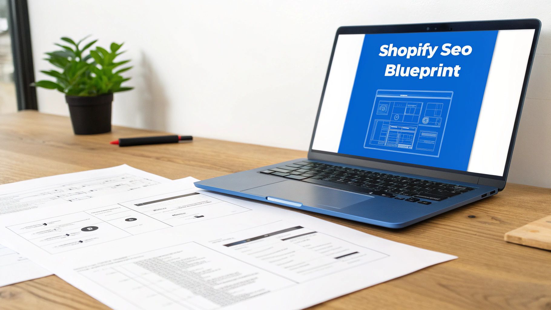 Laptop displaying a 'Shopify SEO Blueprint' on a wooden desk with scattered documents and a plant.