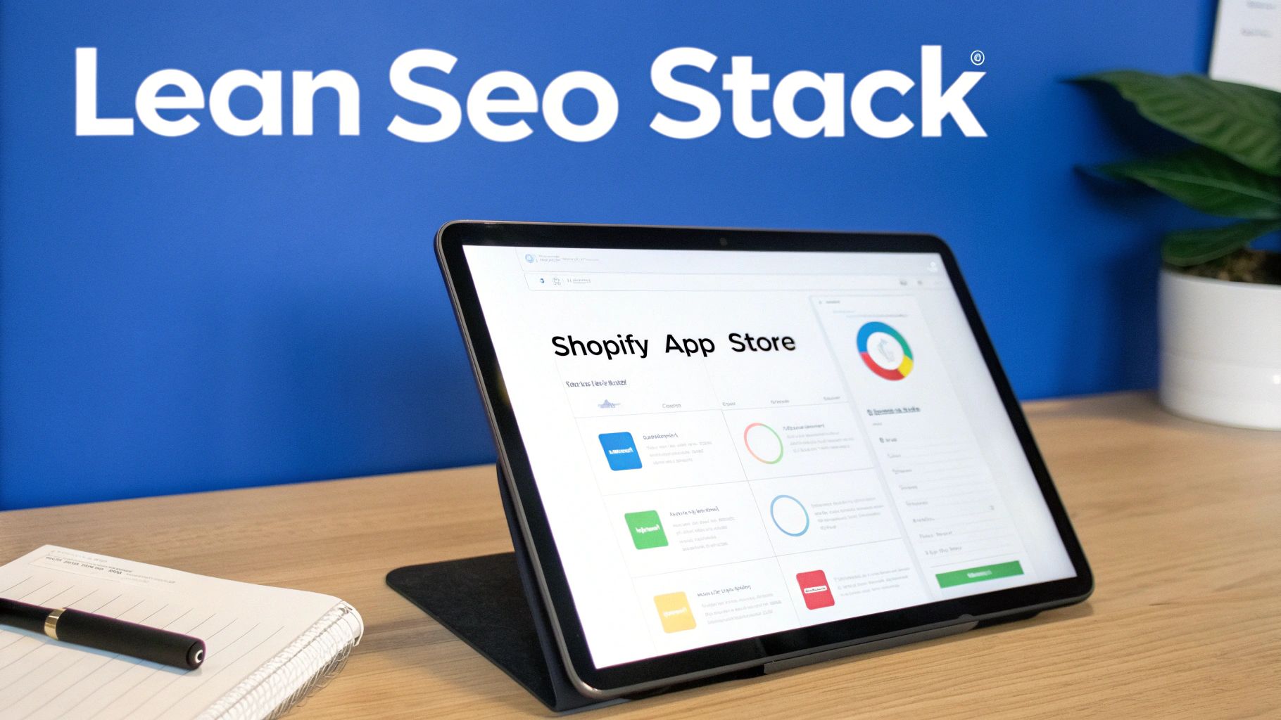 A tablet displaying the Shopify App Store interface, with 'Lean Seo Stack' logo on a blue wall.