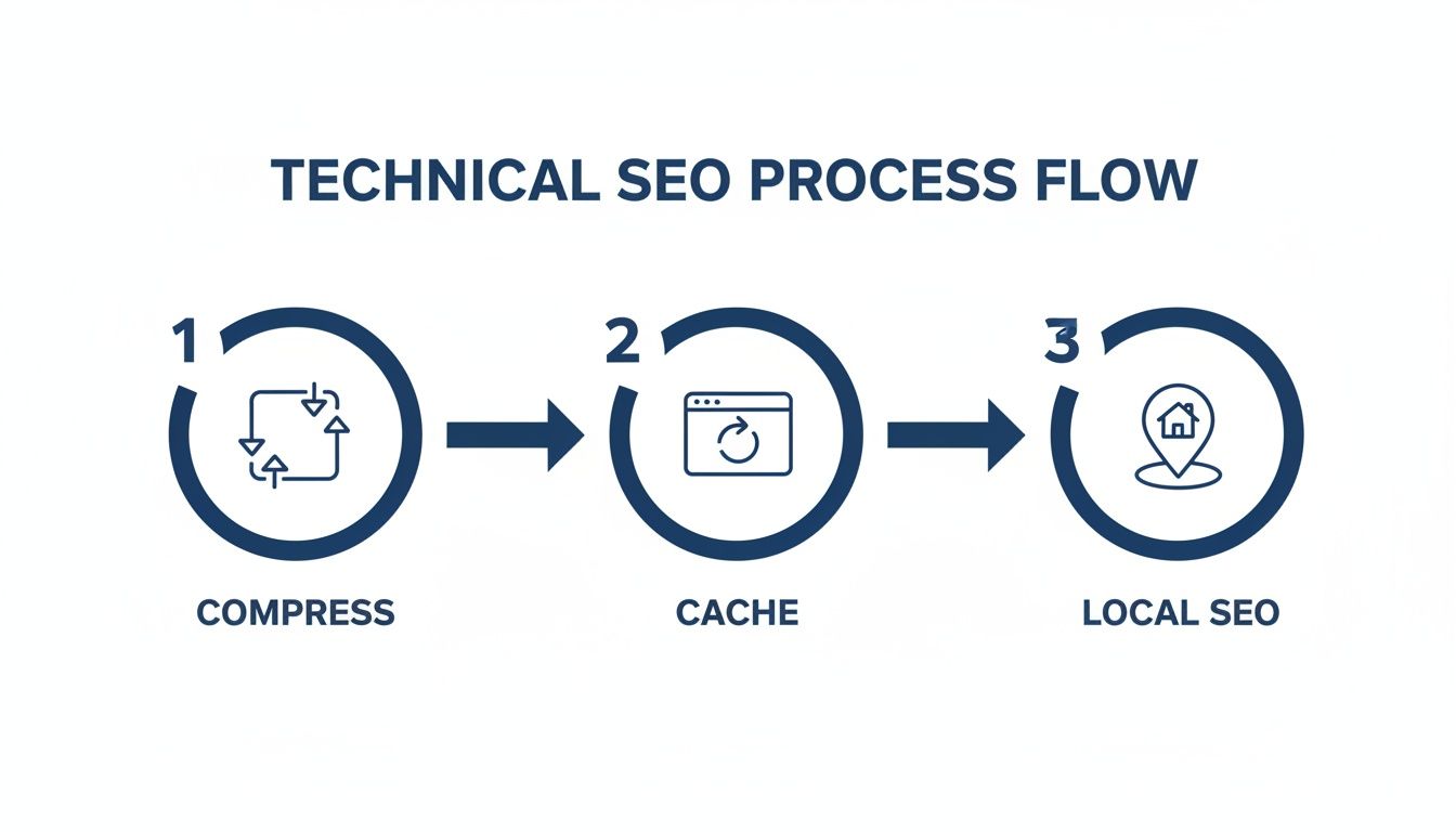 Technical SEO process flow with three steps: compress, cache, and local SEO icons.