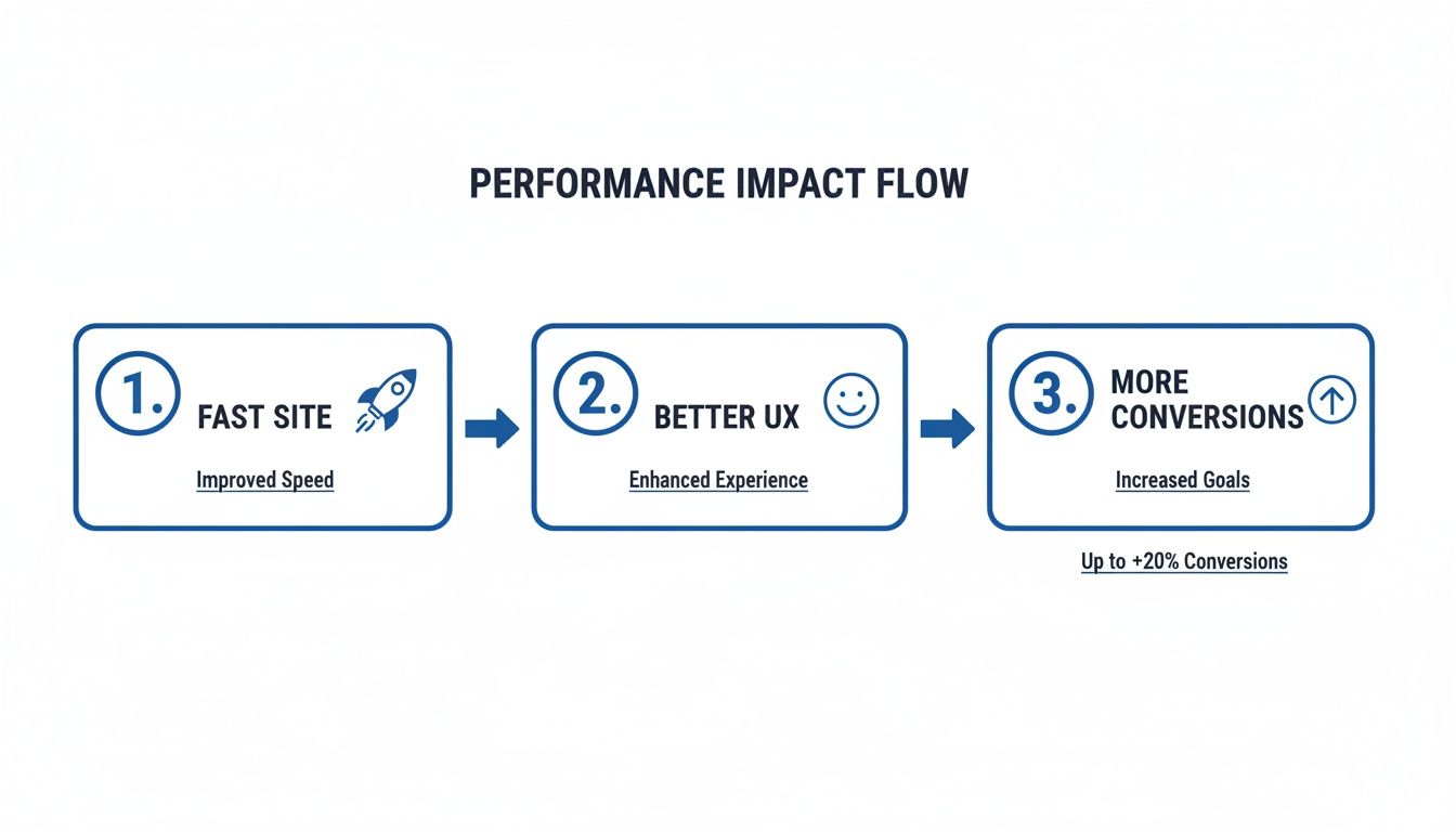 Diagram showing the performance impact flow: improved site speed and enhanced user experience lead to increased conversions.