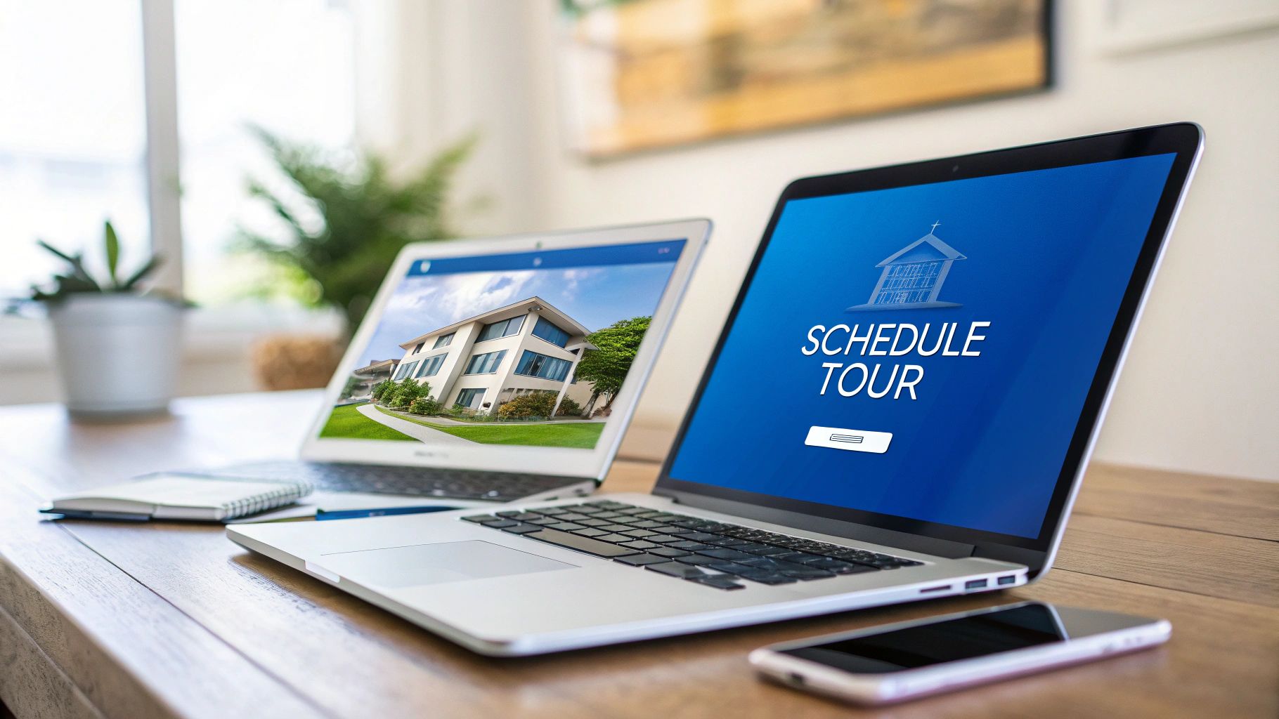 Two laptops on a wooden desk, one displaying a modern house and the other a "Schedule Tour" screen.