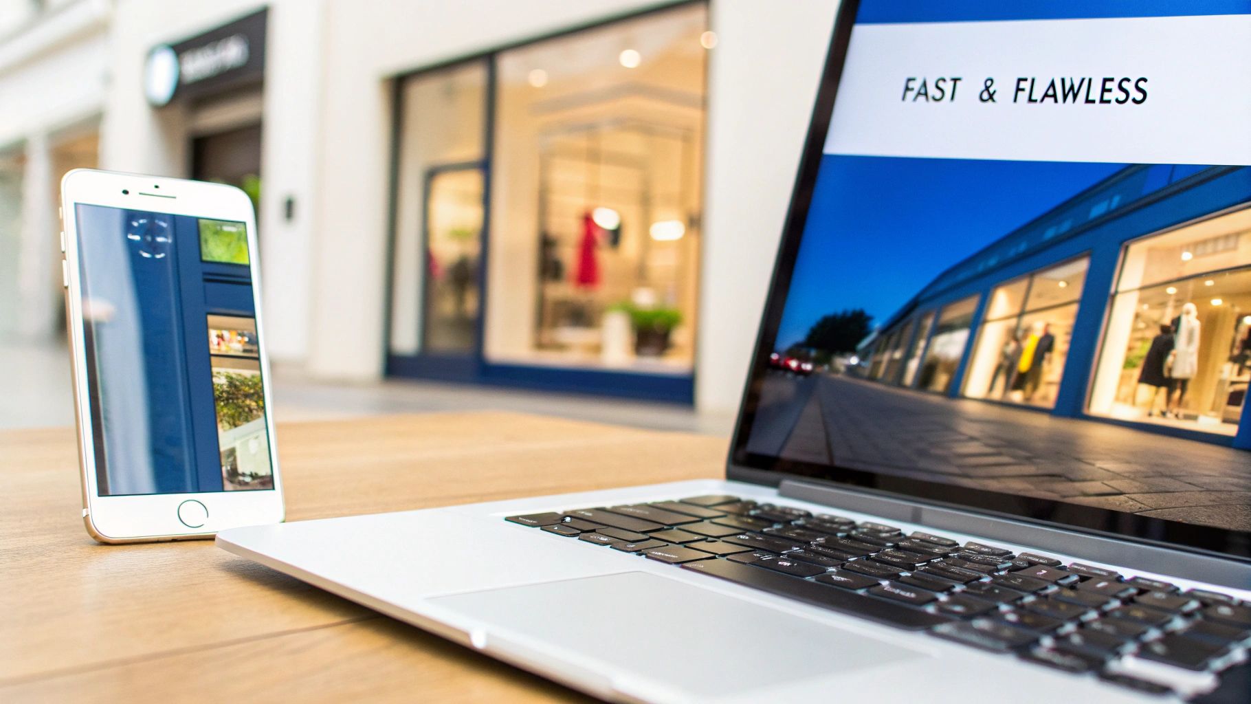 A laptop and smartphone on a wooden table, displaying online retail and 'FAST & FLAWLESS' text.