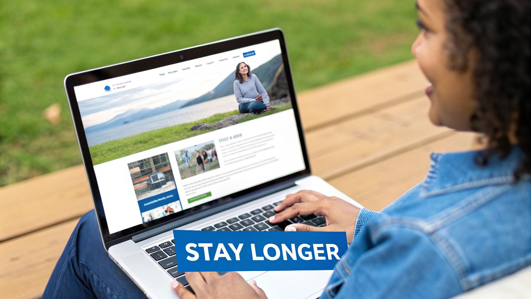 A person outdoors on a deck using a laptop displaying a website with the text 'STAY LONGER'.