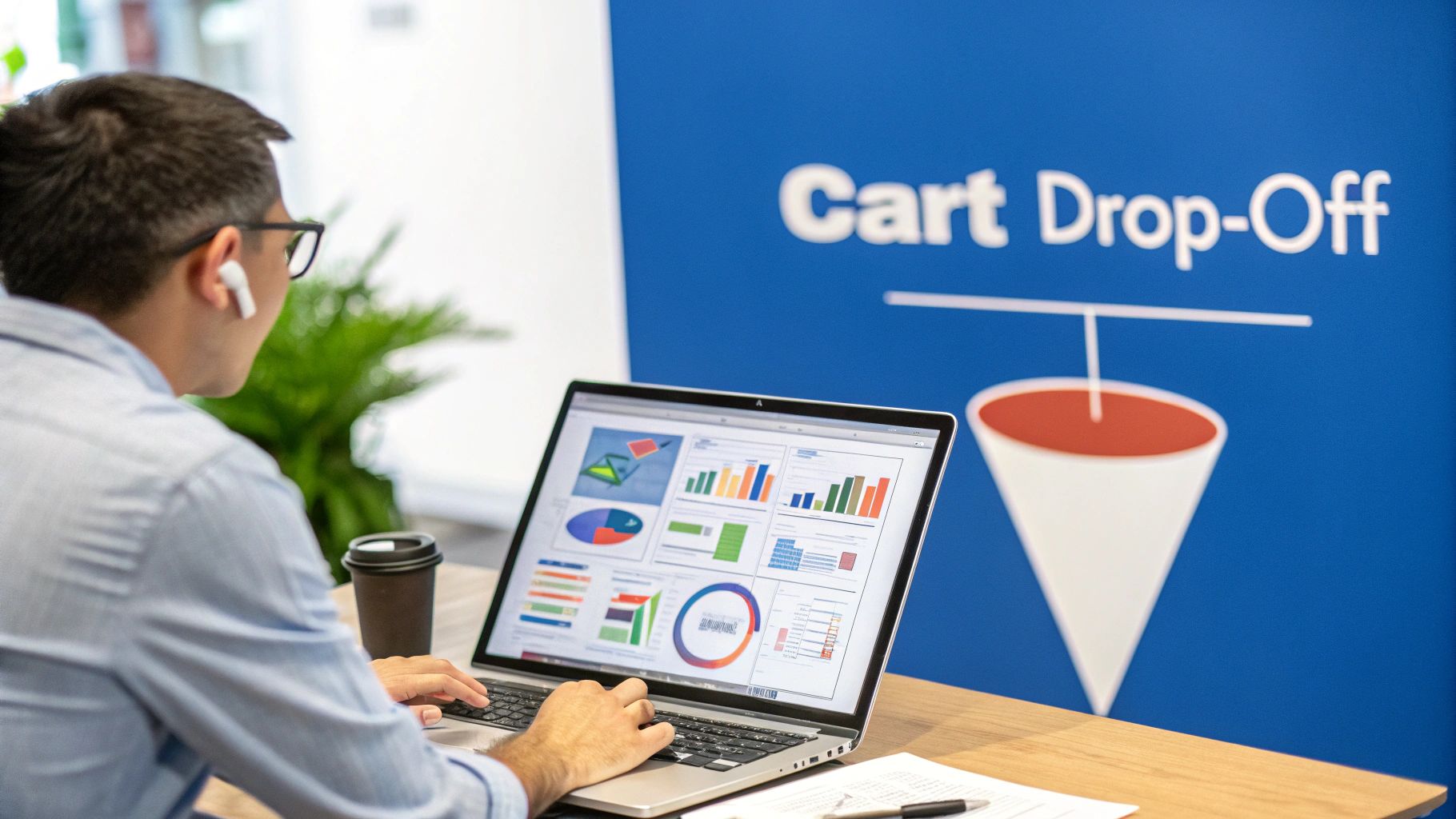 A person reviews data on a laptop, with 'Cart Drop-Off' sign and funnel illustration in the background.