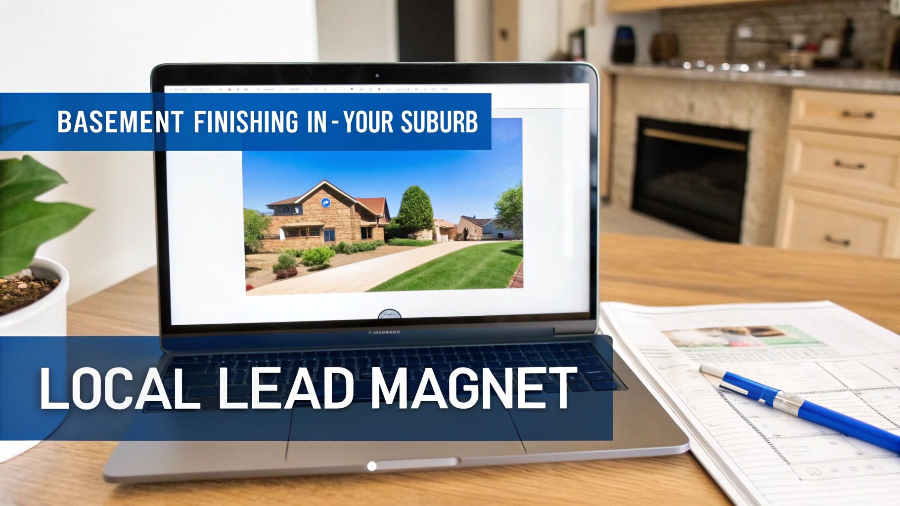 A laptop on a wooden desk displays a house image with text about local basement finishing and lead generation.