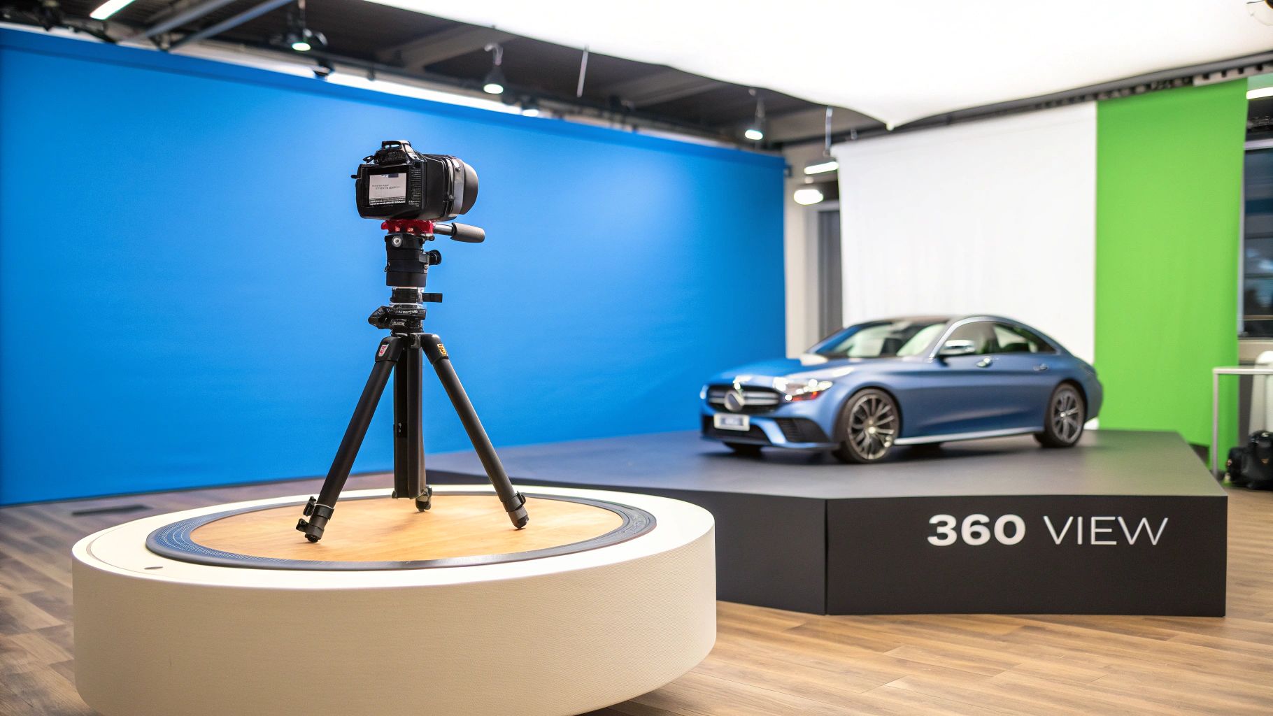Professional studio setup with a camera on a tripod capturing a blue car for 360-degree product views.