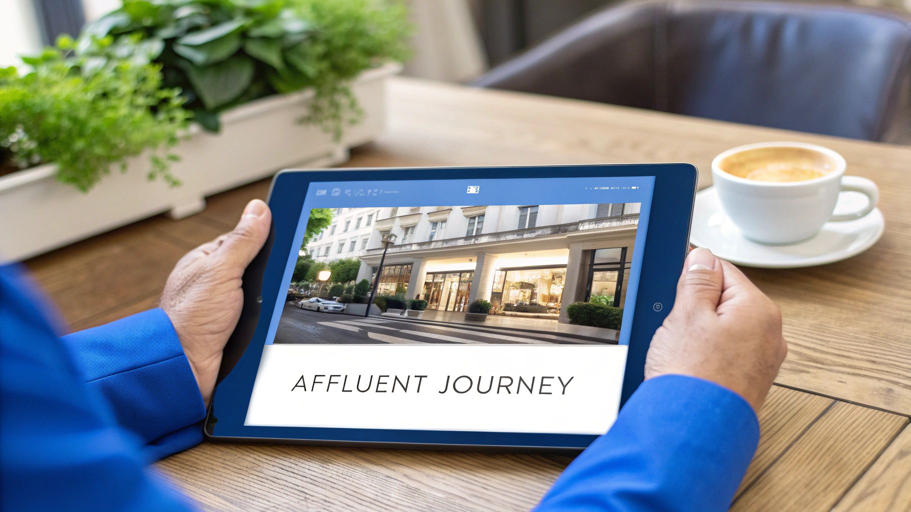 Person holding a tablet displaying a luxury building entrance and the text 'AFFLUENT JOURNEY'.