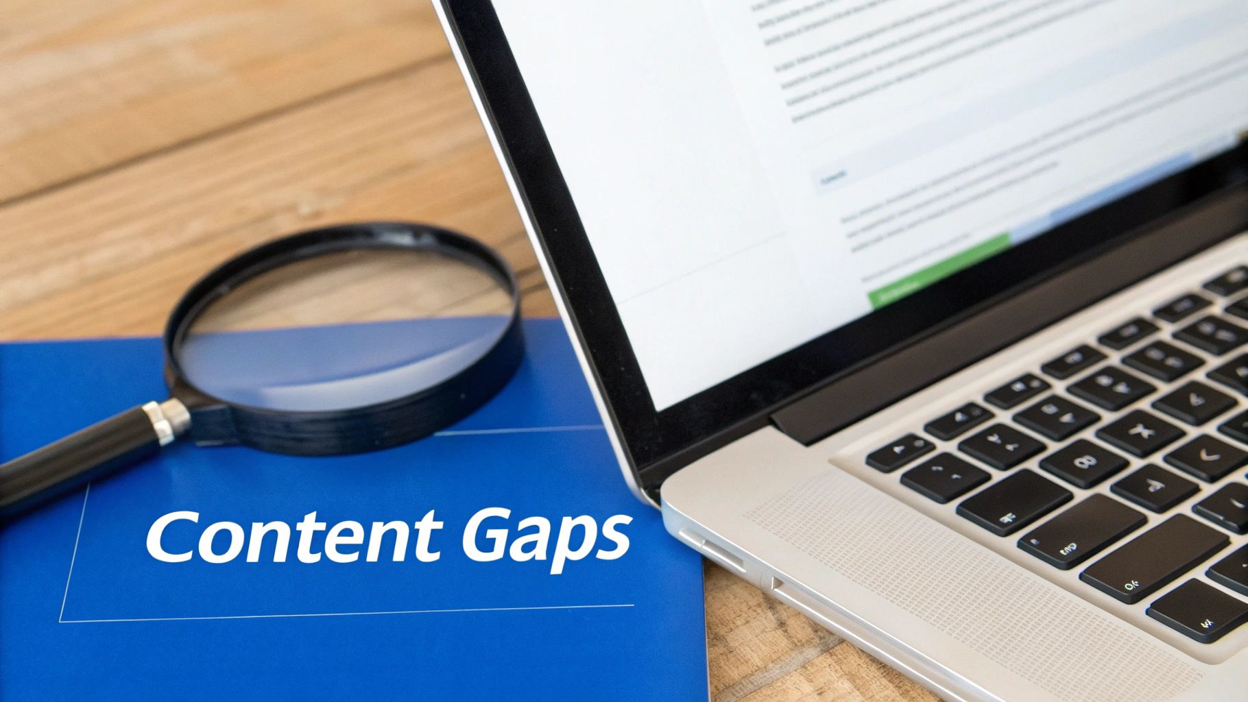 Laptop, magnifying glass, and a blue folder labeled 'Content Gaps' on a wooden desk.