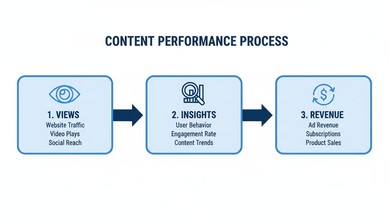 A diagram illustrates the content performance process: Views lead to Insights, then to Revenue.