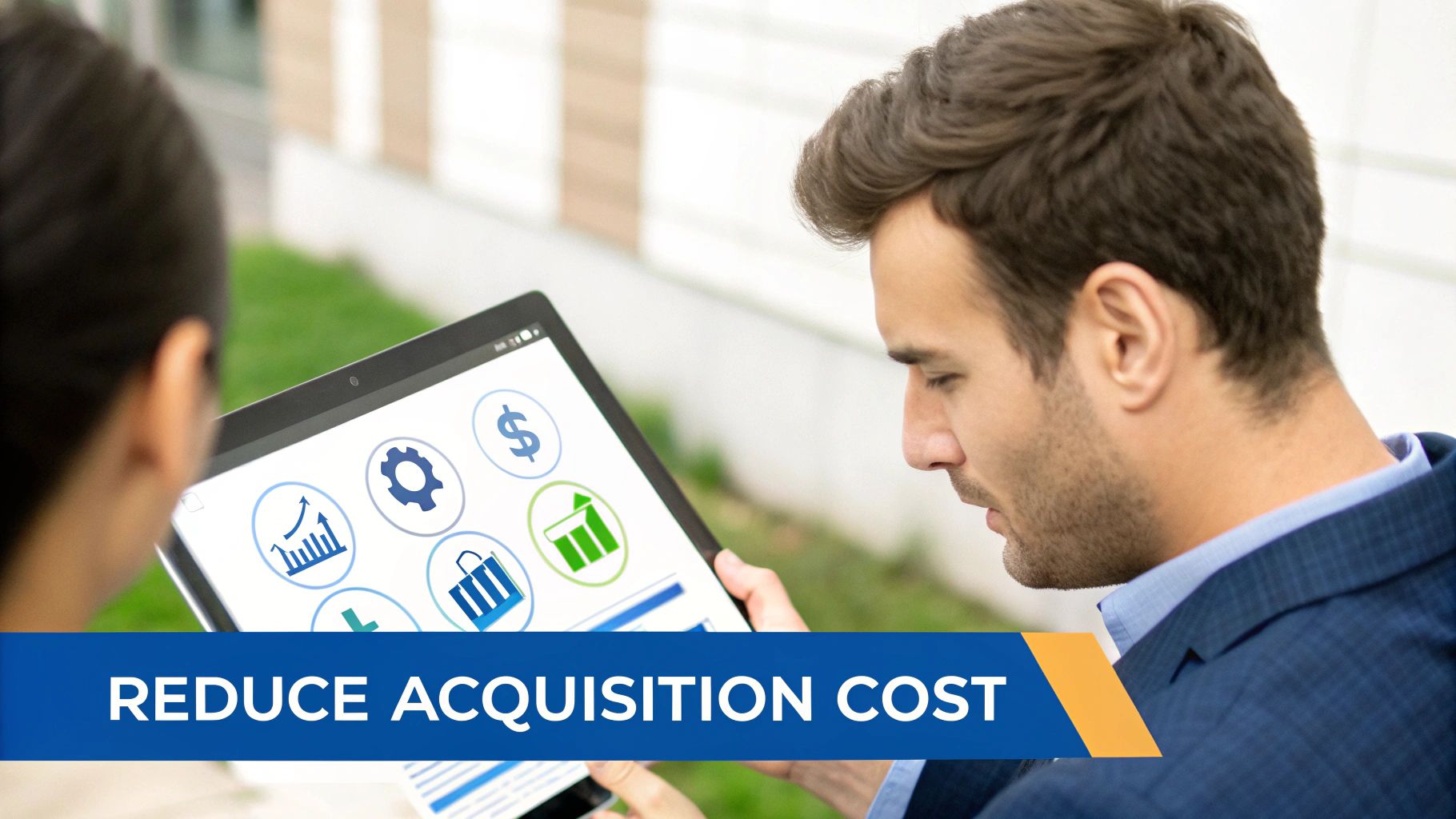 A man and another person analyzing business metrics on a tablet screen with various icons, overlayed with 'Reduce Acquisition Cost' text.