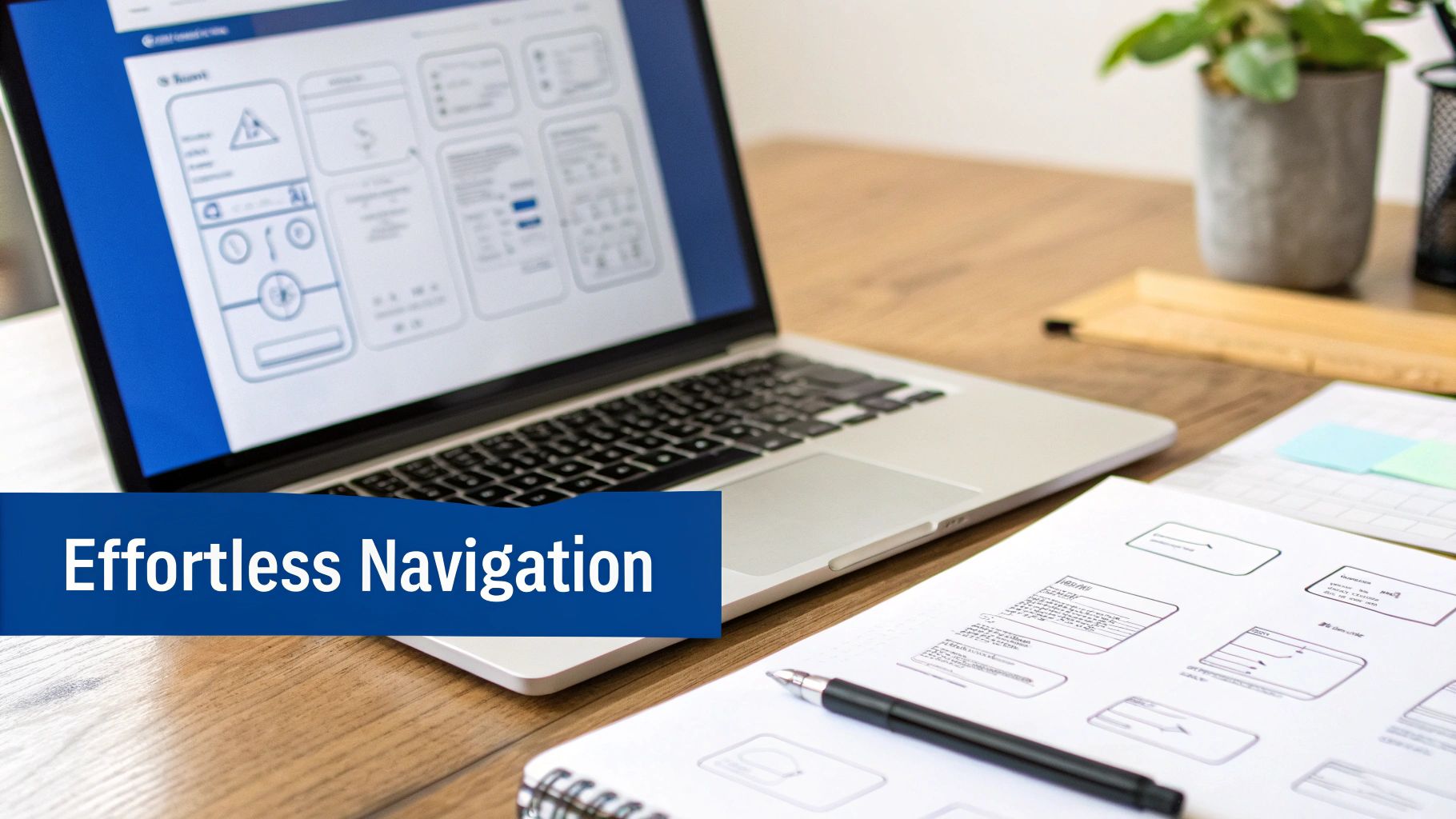Laptop and notebook on a desk displaying user interface wireframes and design sketches for effortless navigation.