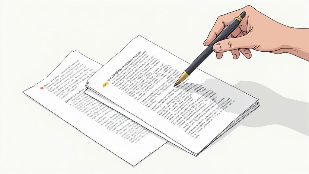 A close-up of a writer's hand on a keyboard, with digital overlays showing stylistic adjustments, source verification, and structural edits.