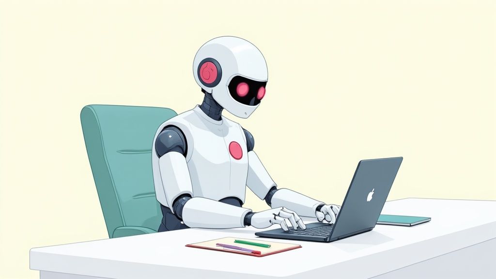 A person sitting at a desk with a laptop, intensely focused on writing, with glowing lines representing AI assistance flowing from the screen towards them.