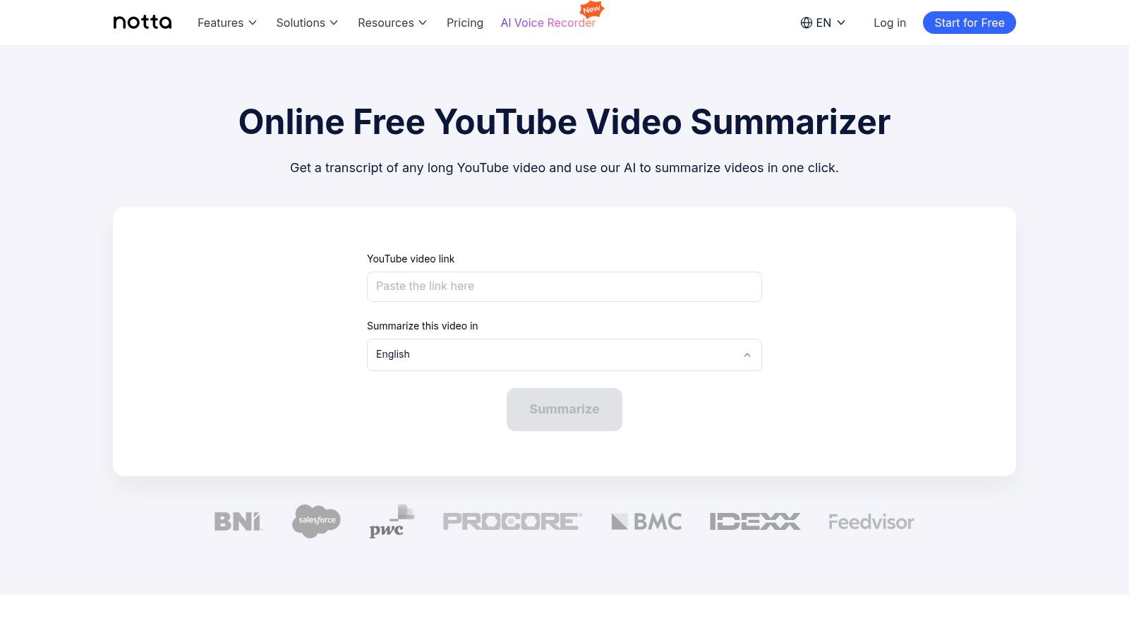Notta's Online Free YouTube Video Summarizer