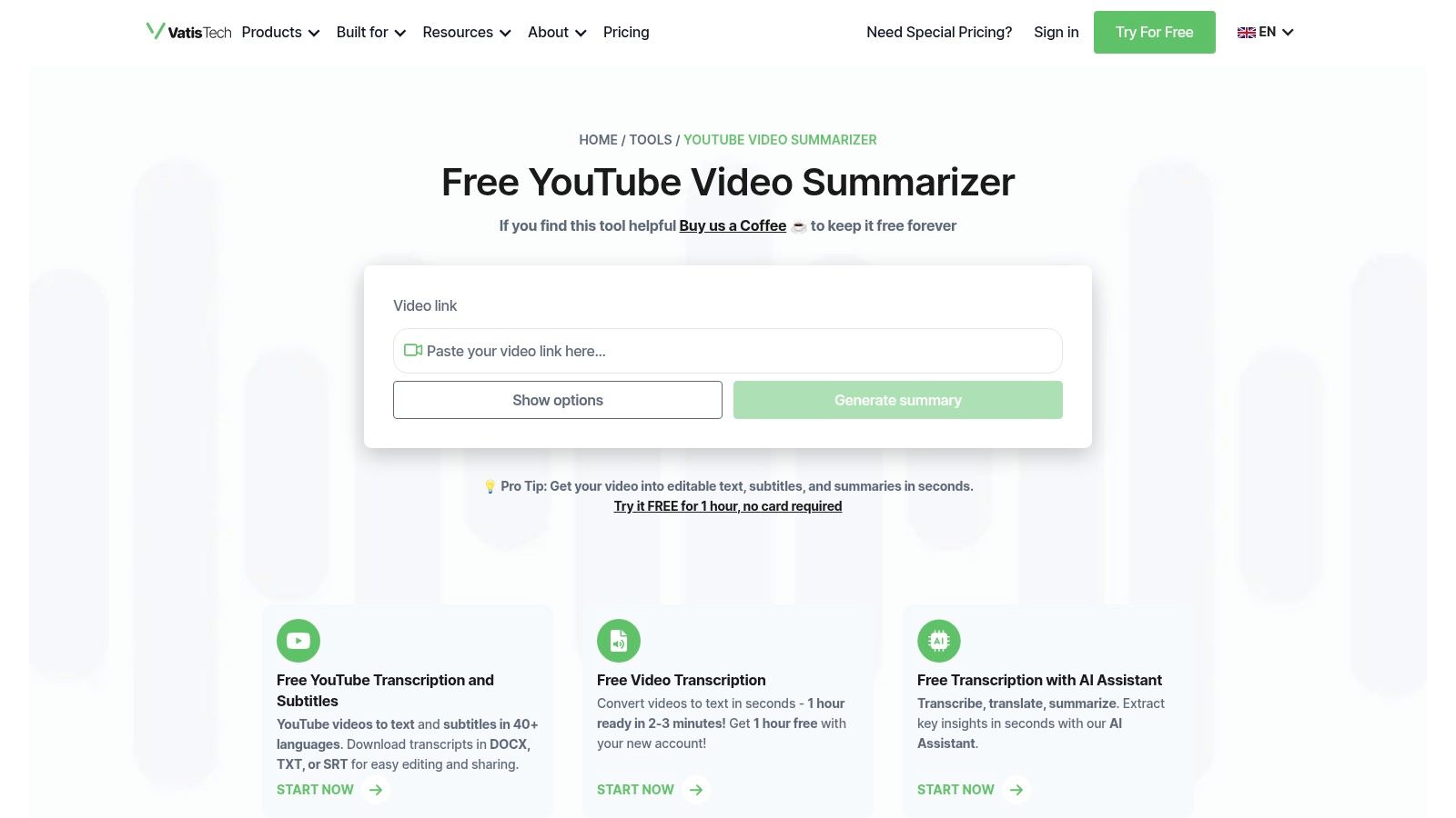 Vatis Tech's Free YouTube Video Summarizer