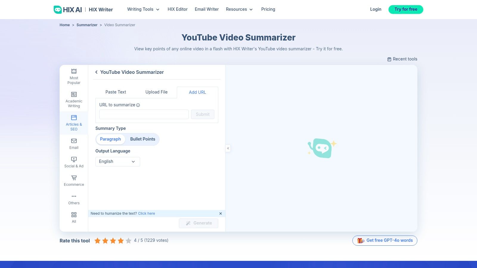 HIX Writer's YouTube Video Summarizer