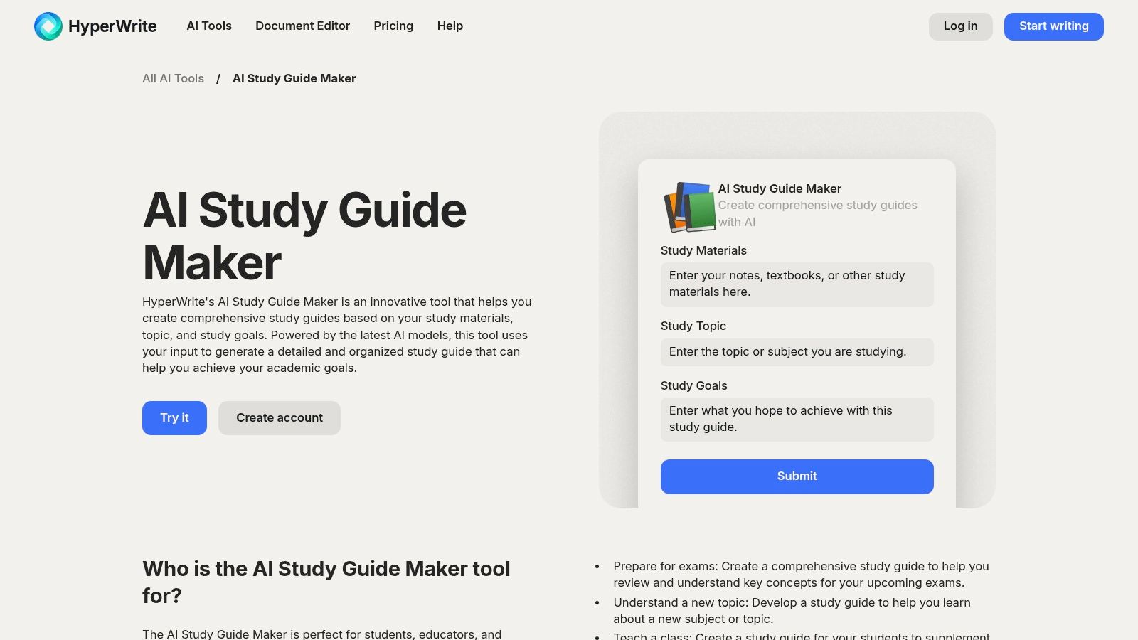 HyperWrite AI Study Guide Maker