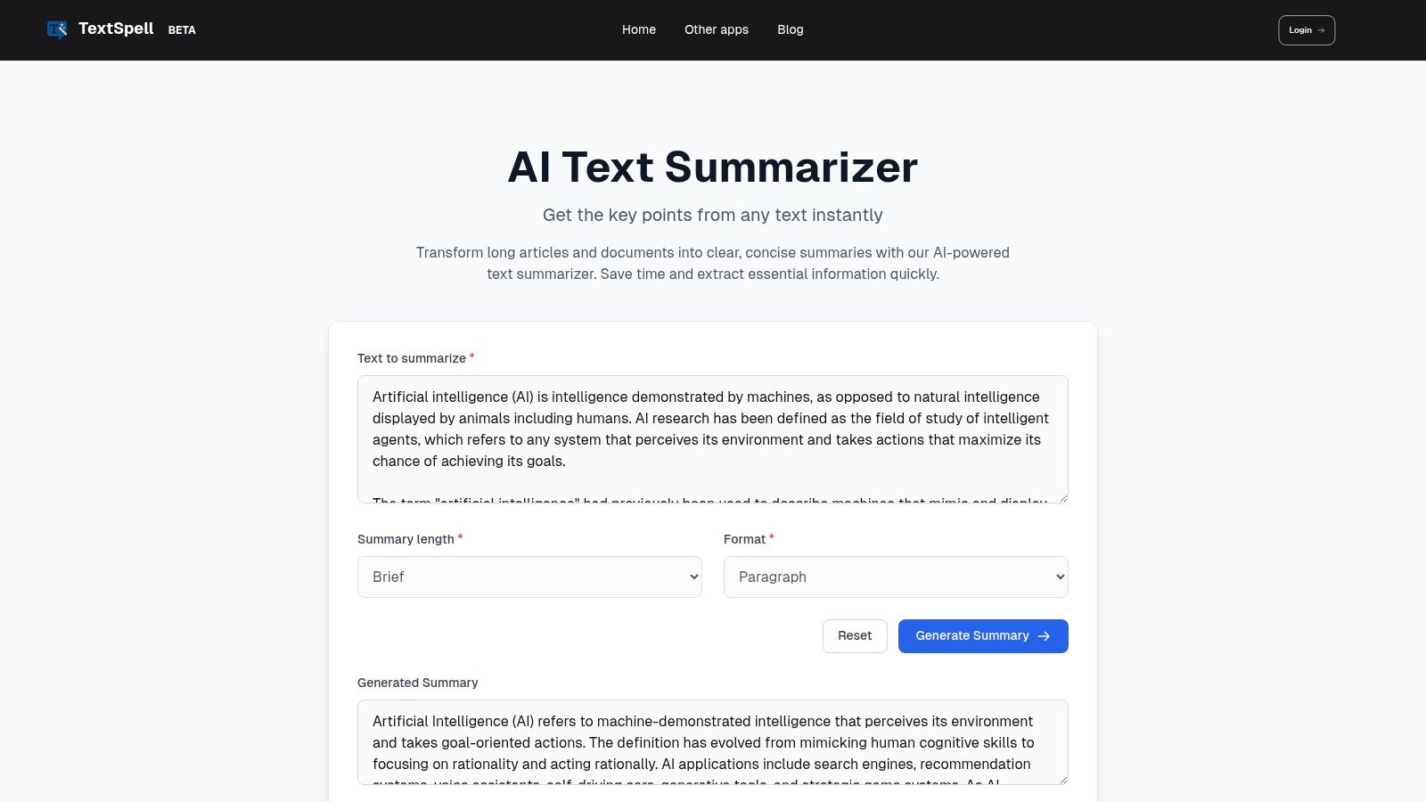 An image showcasing the TextSpell Text Summarize user interface, highlighting its clean design and functionality.