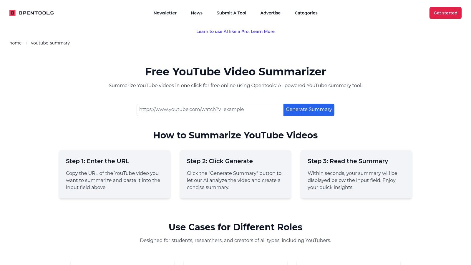 Opentools' Free YouTube Video Summarizer