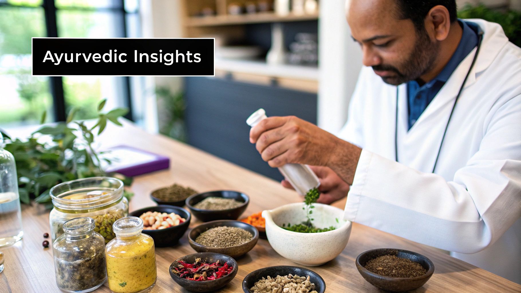 A variety of Ayurvedic herbs in bowls, signifying natural remedies for health.