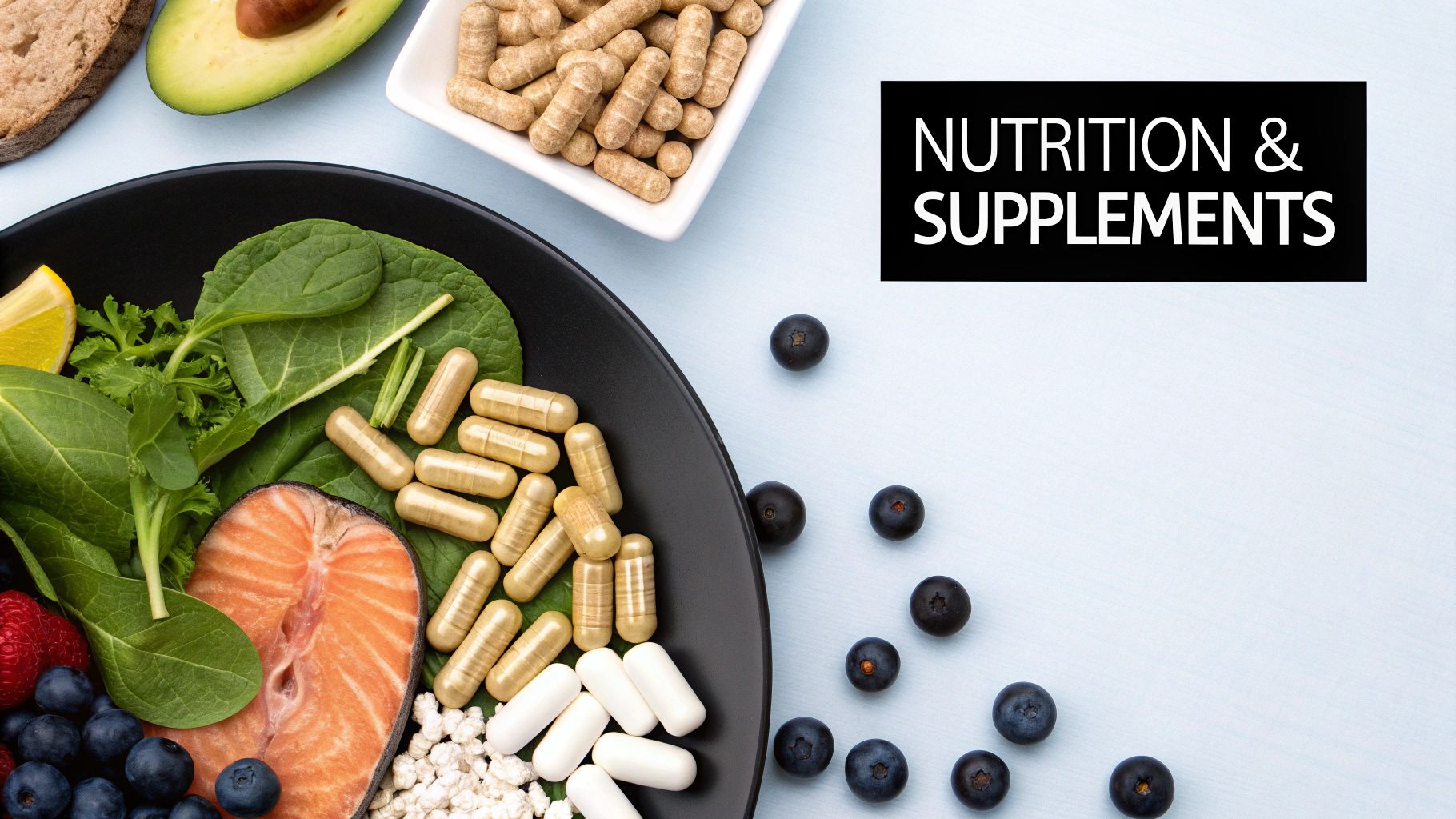 A colorful array of kidney-friendly foods like berries, leafy greens, and lean proteins, with supplement capsules thoughtfully placed among them.