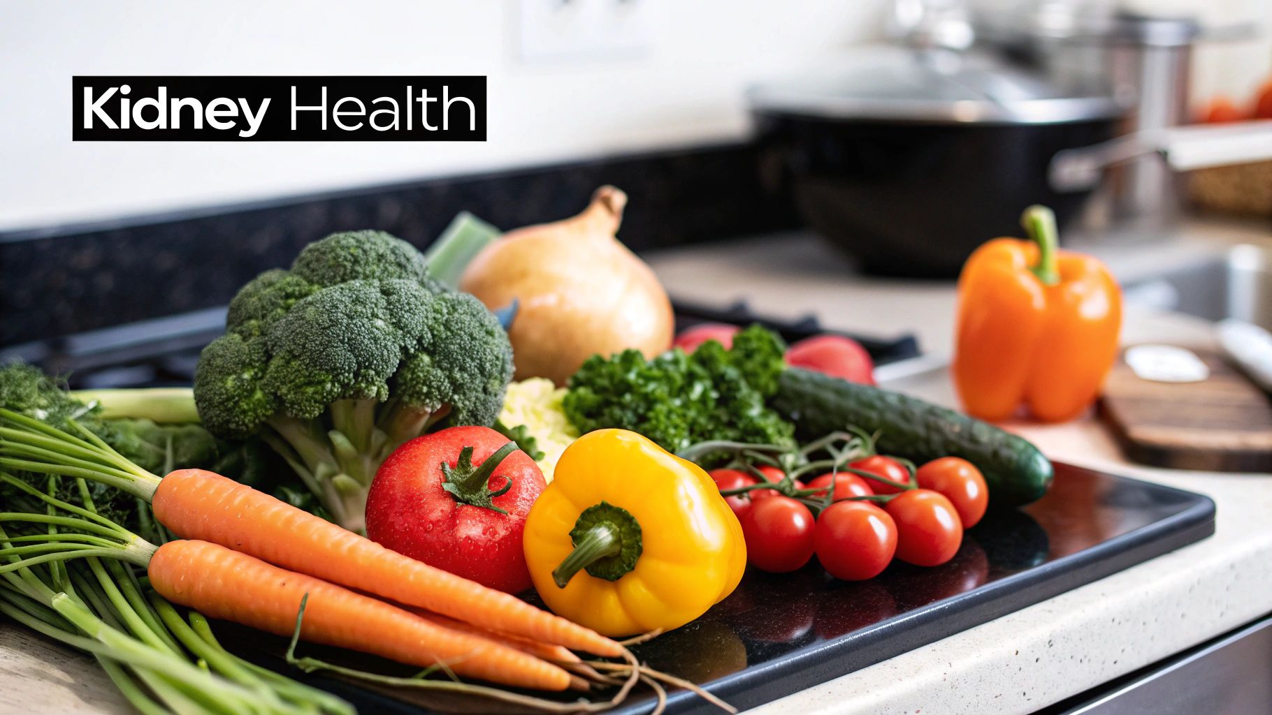 A colorful assortment of fresh, kidney-friendly vegetables like red bell peppers, cauliflower, and leafy greens arranged on a wooden surface.