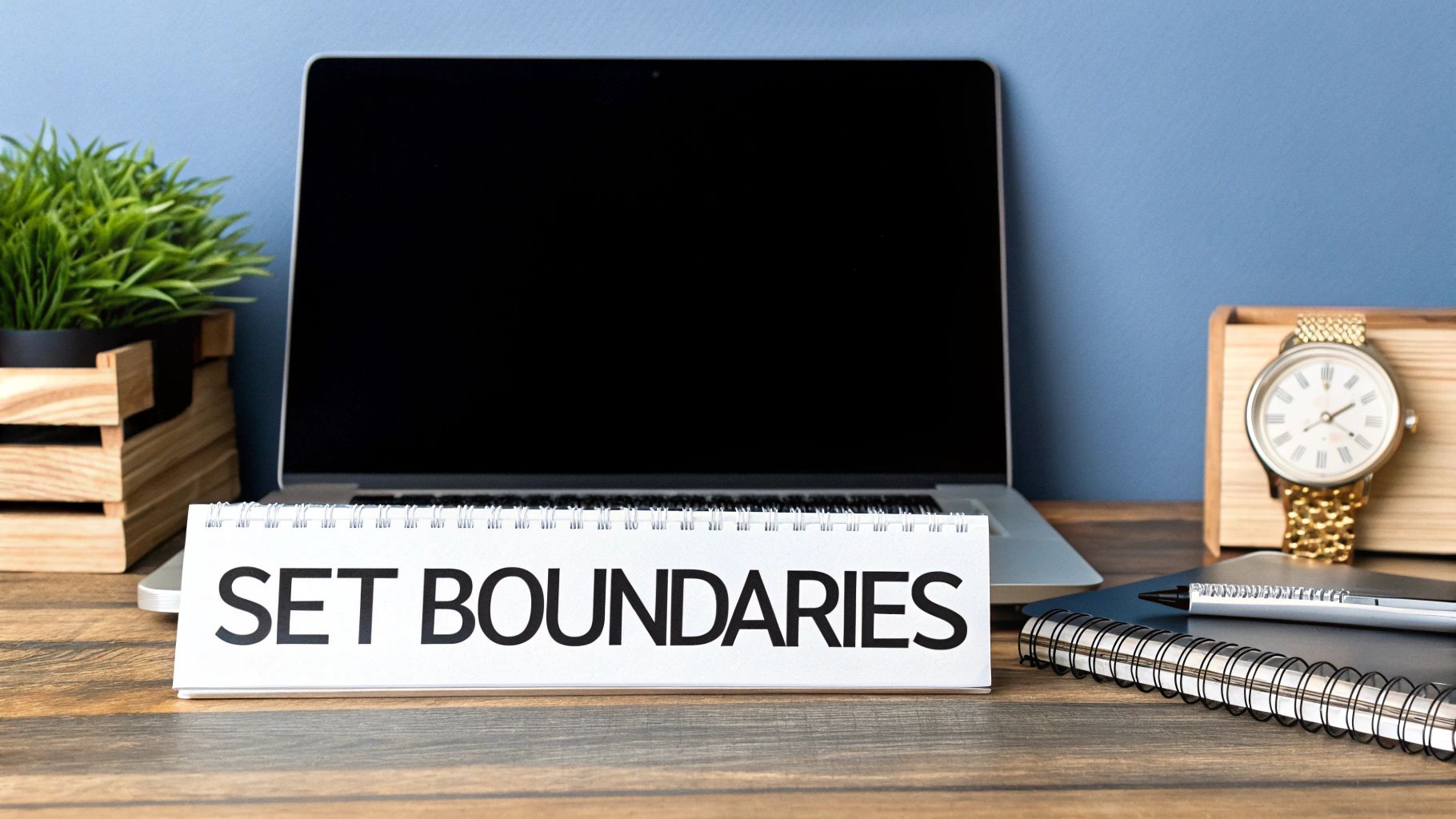 A person mindfully arranging their desk with a planner and a cup of tea, symbolizing the creation of a balanced work-life environment.