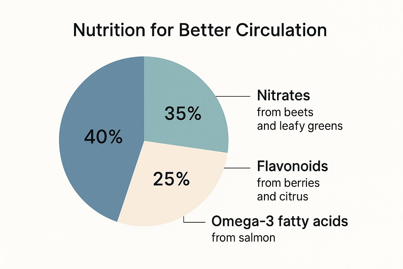 Infographic titled 'Nutrition for Better Circulation' showing a pie chart with three key circulation-boosting nutrient sources: nitrates from beets and leafy greens (40%), flavonoids from berries and citrus (35%), and omega-3 fatty acids from salmon (25%).