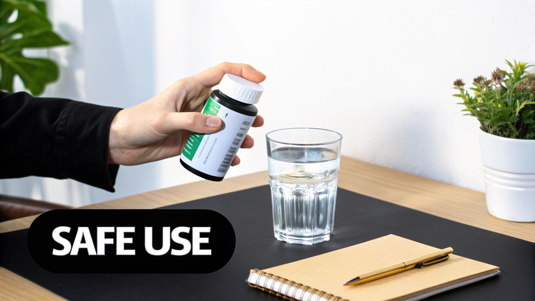 A glass of water next to a bottle of supplements, emphasizing hydration.