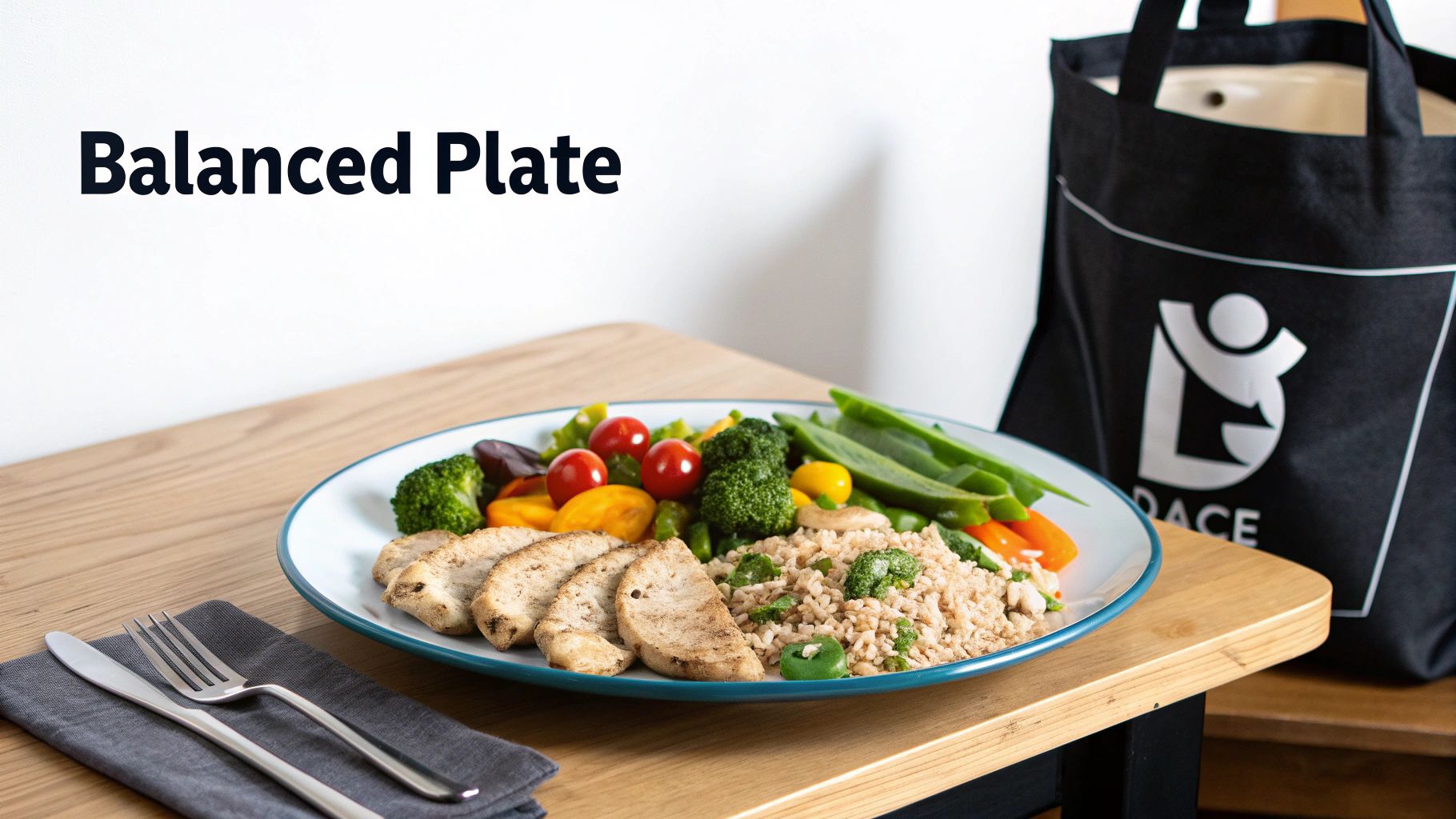 A vibrant and balanced meal on a plate, including grilled chicken, quinoa, and a variety of fresh vegetables, showcasing a nourishing approach to food.