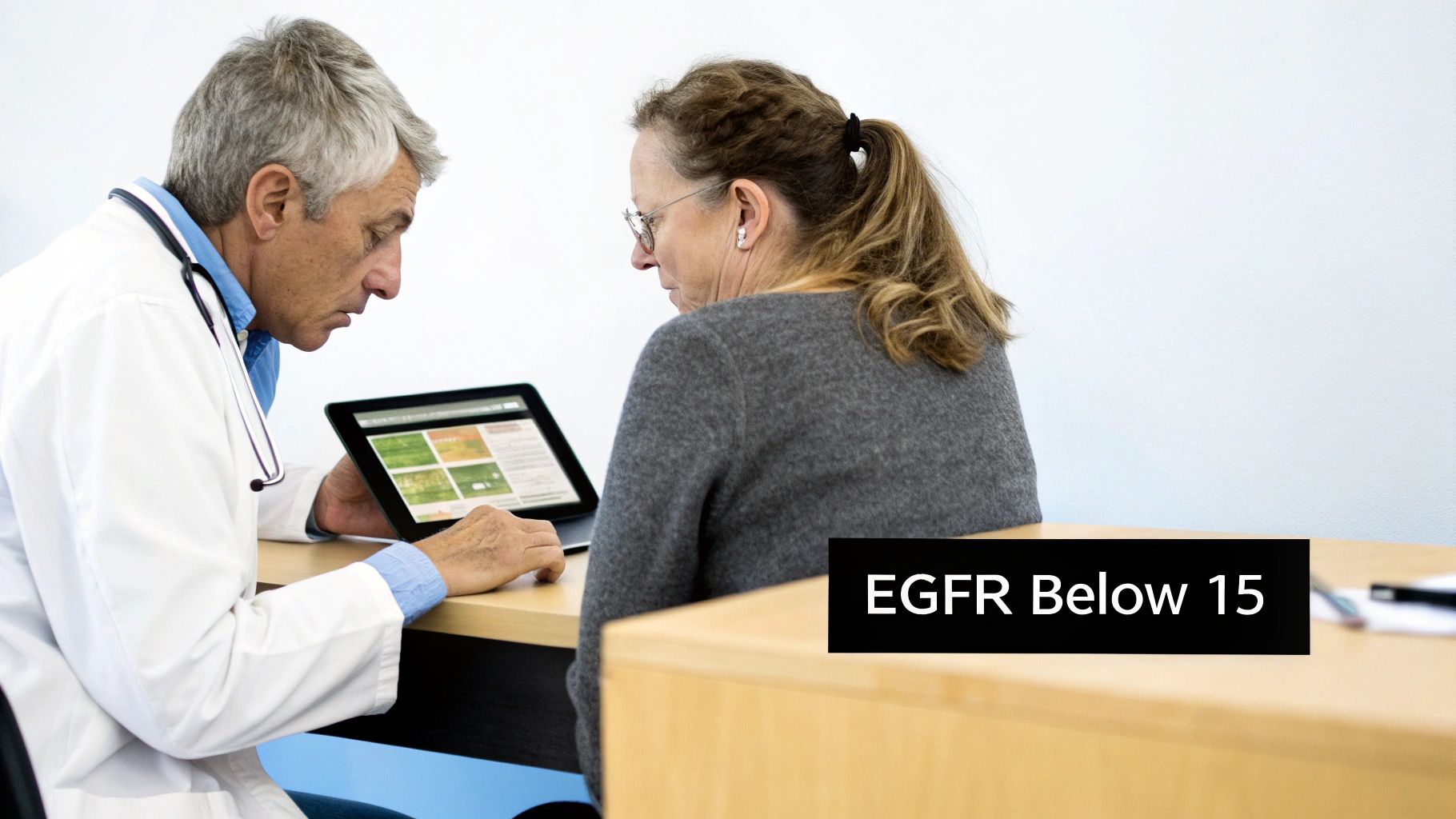 A doctor explaining a medical chart to a patient, illustrating kidney health.