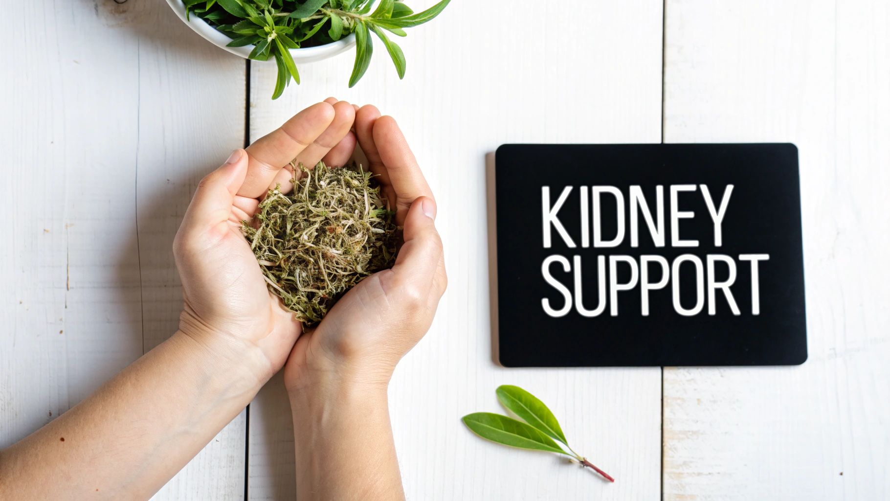 A collection of dried herbs in bowls and on a wooden surface, suggesting natural remedies.