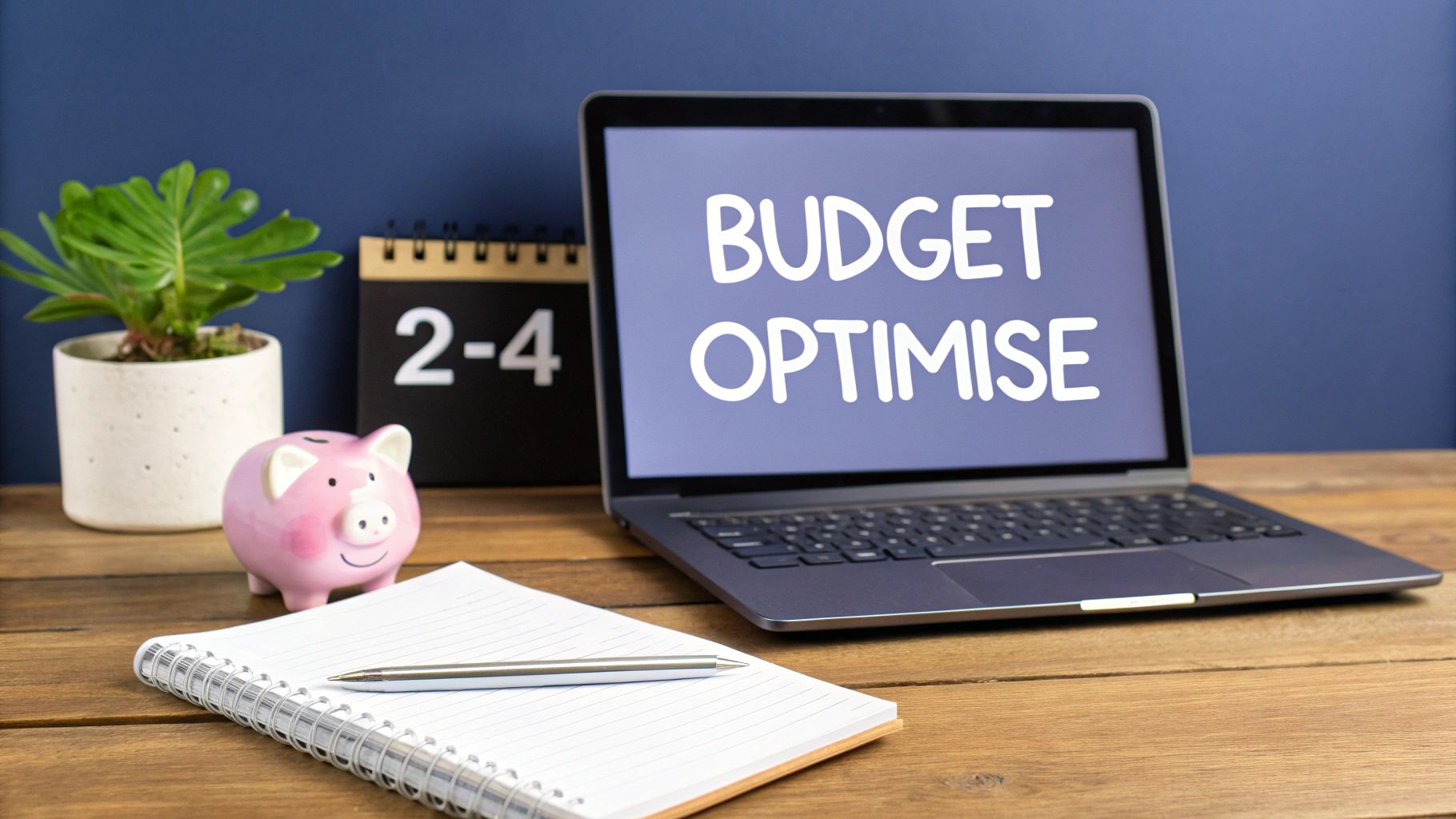 Un ordinateur portable affichant 'BUDGET OPTIMISE' sur un bureau en bois, avec tirelire, calendrier et cahier.