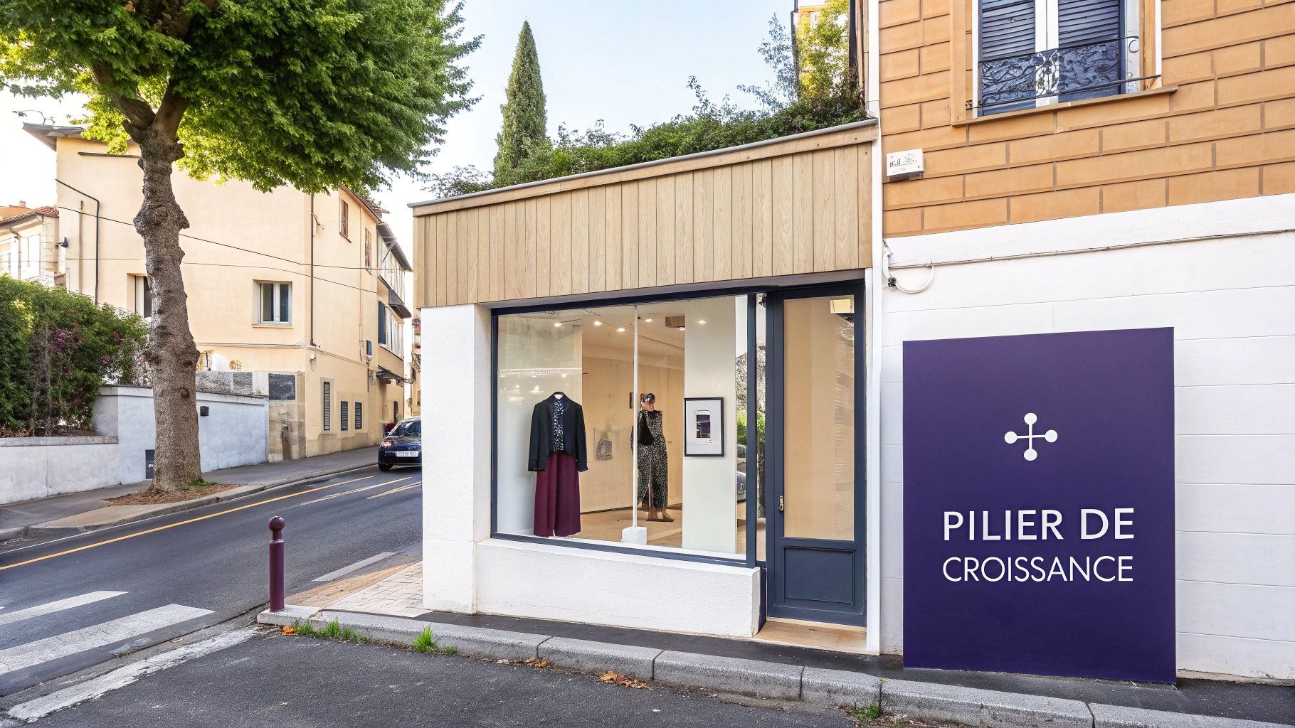 Devanture de magasin moderne avec une grande vitrine et une enseigne violette dans une rue arborée.