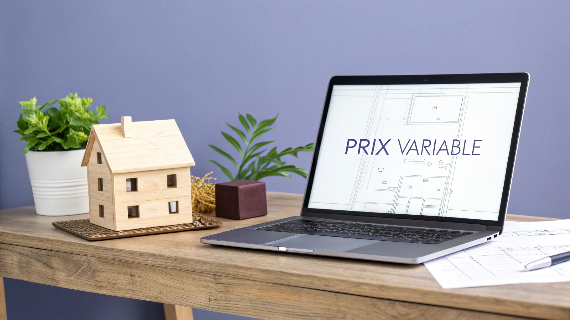 Maquette de maison en bois et ordinateur portable affichant 'PRIX VARIABLE' sur des plans d'architecture.