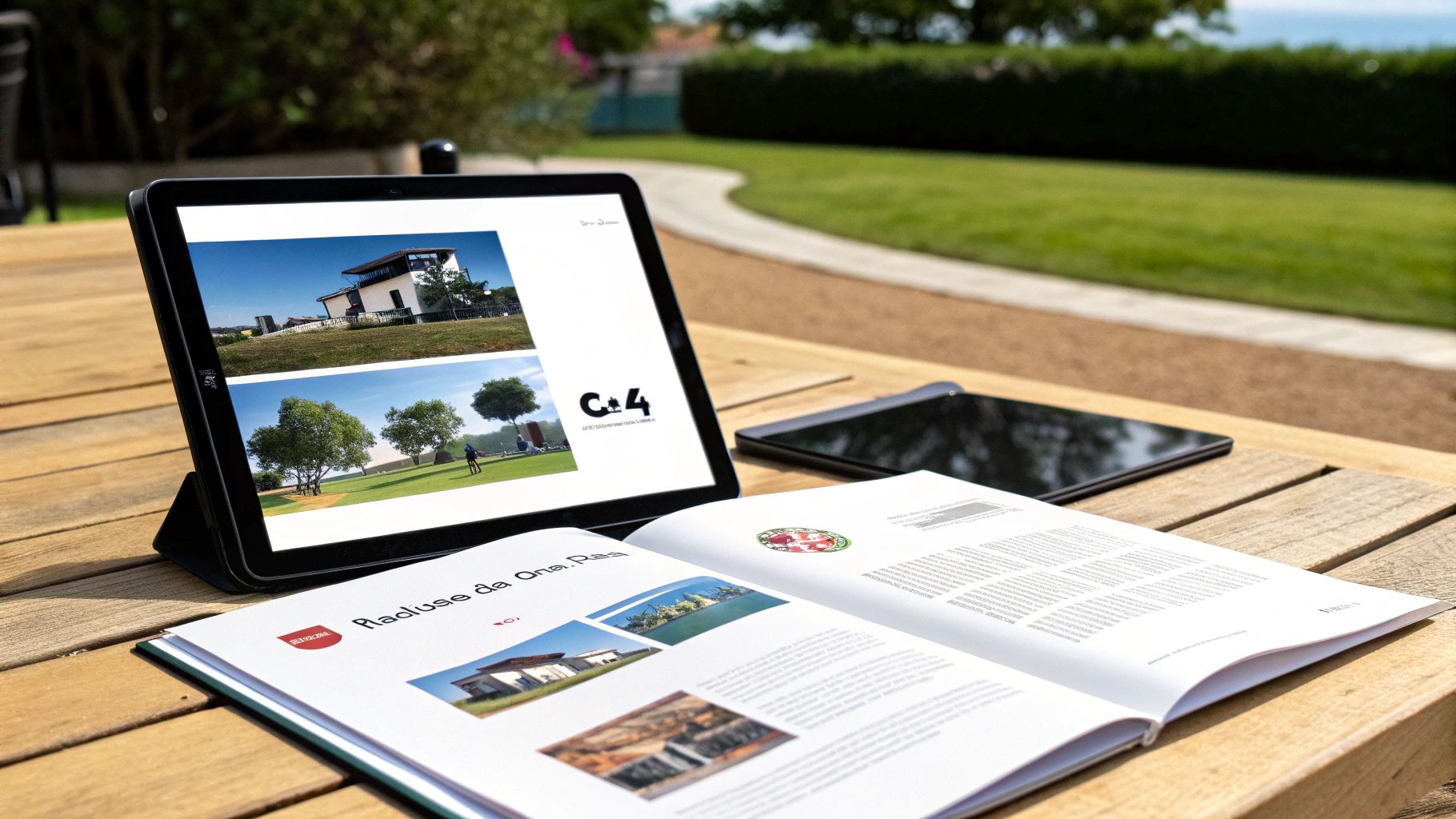 Tablette et brochure sur table en bois présentant des maisons modernes et paysages verts.