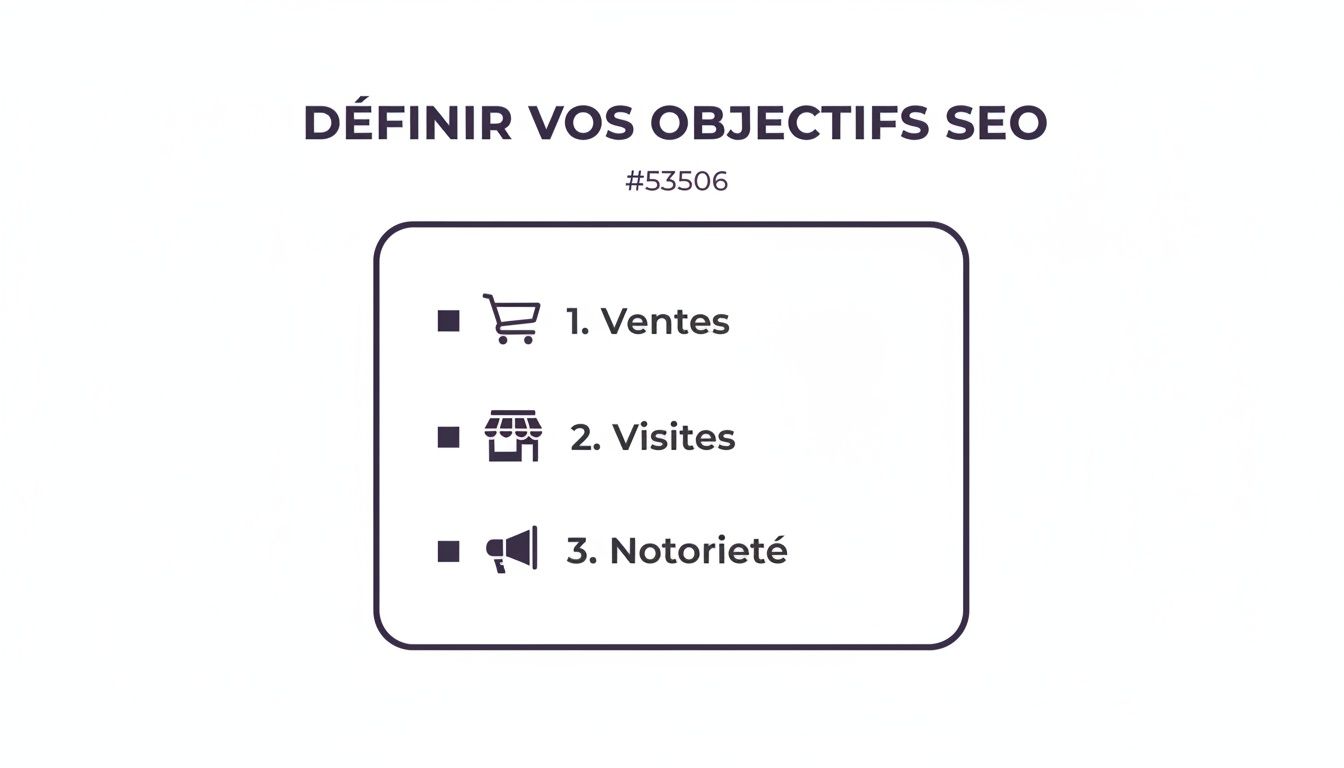 Infographie listant les trois principaux objectifs SEO : ventes, visites et notoriété, avec des icônes descriptives.
