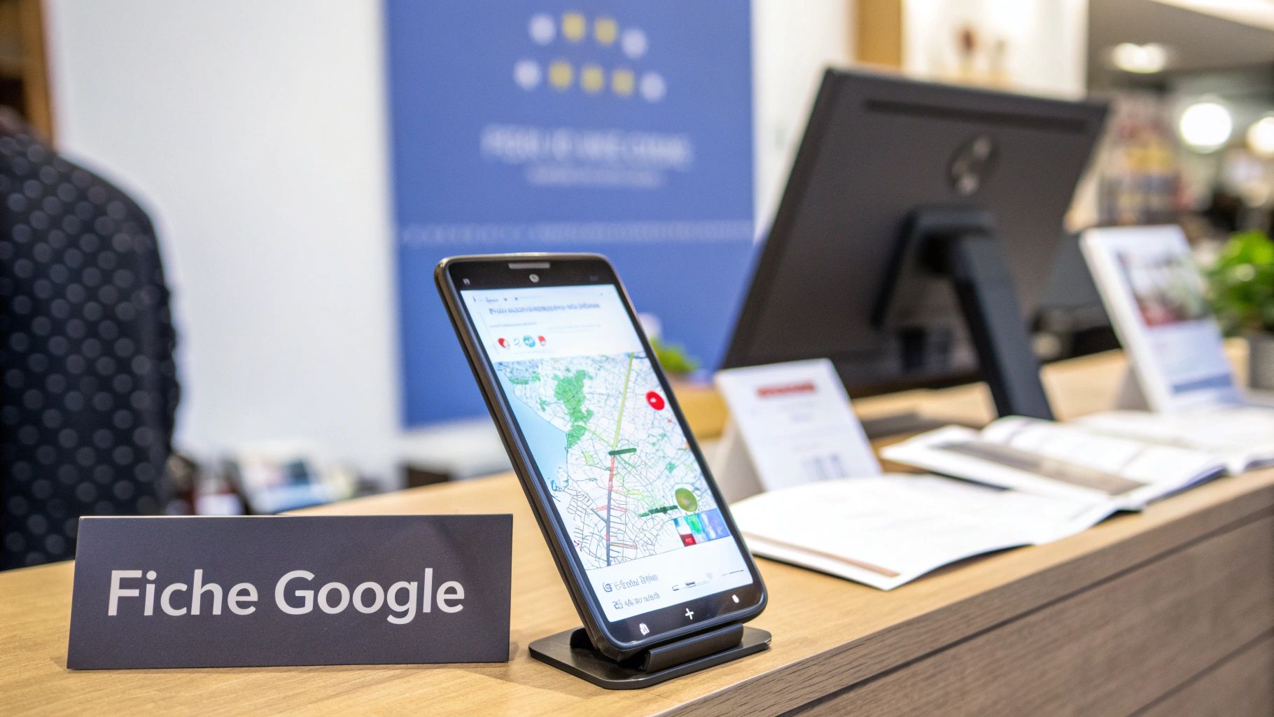 Un smartphone affiche Google Maps à côté d'une pancarte "Fiche Google" sur un comptoir en bois.