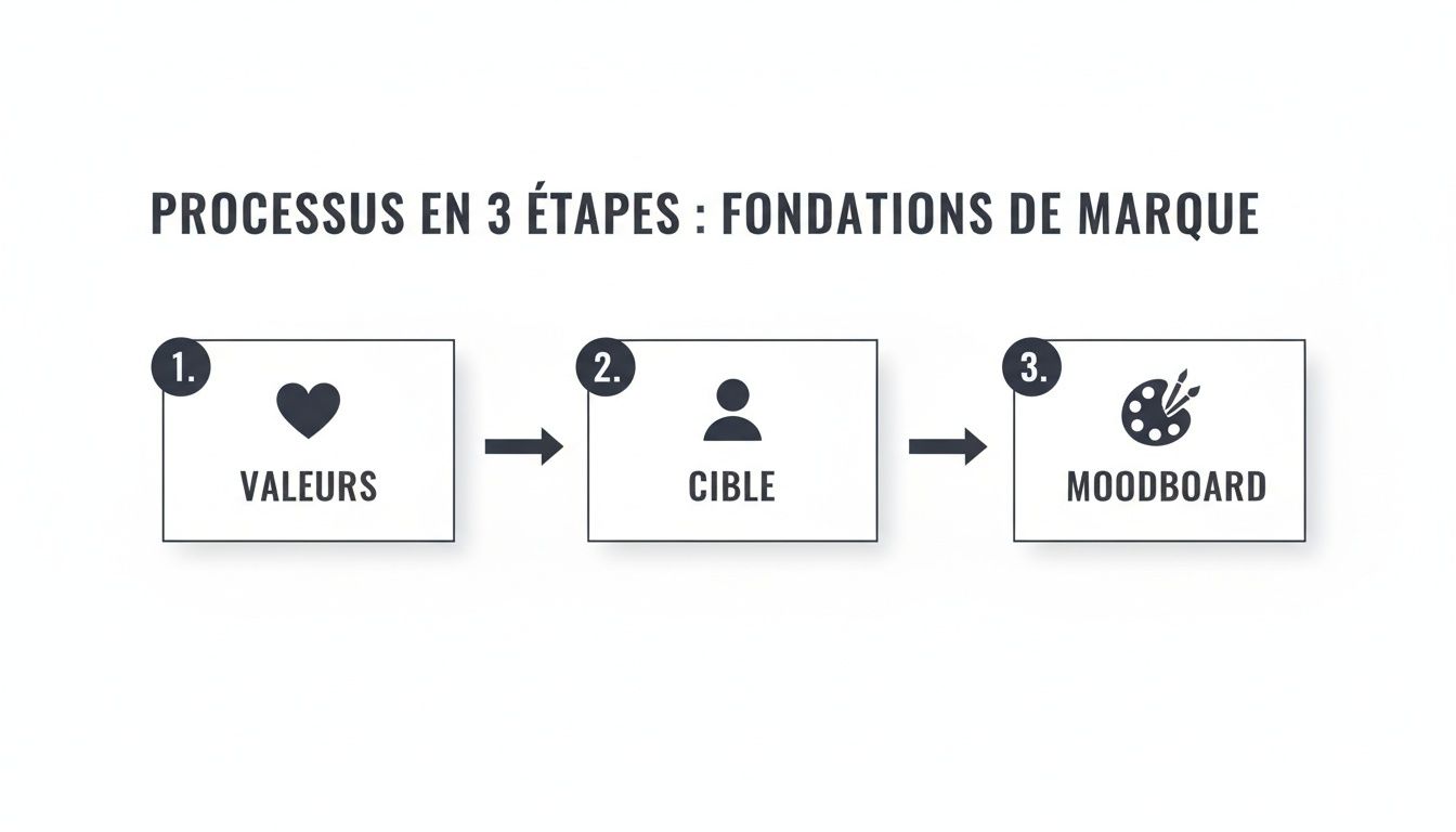 Diagramme illustrant les 3 étapes pour les fondations d'une marque : Valeurs, Cible et Moodboard.