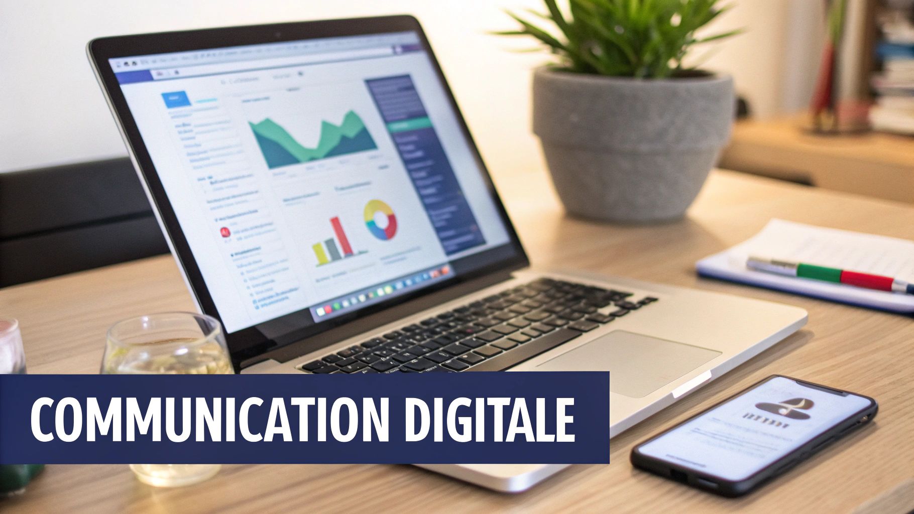 Un bureau moderne avec un ordinateur portable affichant des analyses de données pour la communication digitale.