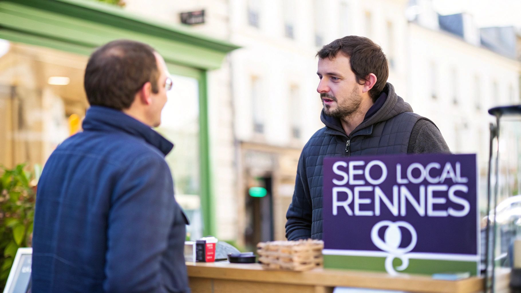 Deux hommes discutent devant un panneau publicitaire 'SEO LOCAL RENNES' lors d'un événement professionnel.