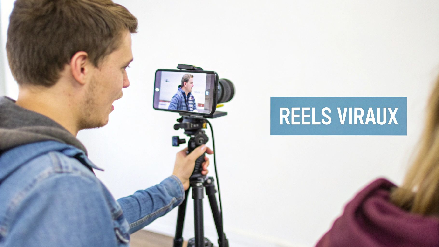 Un jeune homme filme une vidéo avec un smartphone monté sur trépied, affichant la personne filmée et le texte 'REELS VIRAUX'.