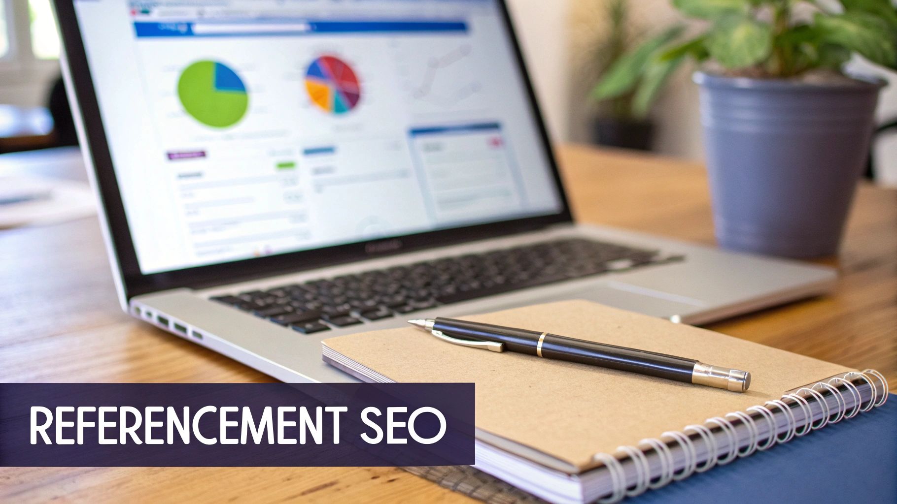 Un ordinateur portable affichant des graphiques SEO sur un bureau en bois avec un carnet et un stylo, illustrant le référencement.
