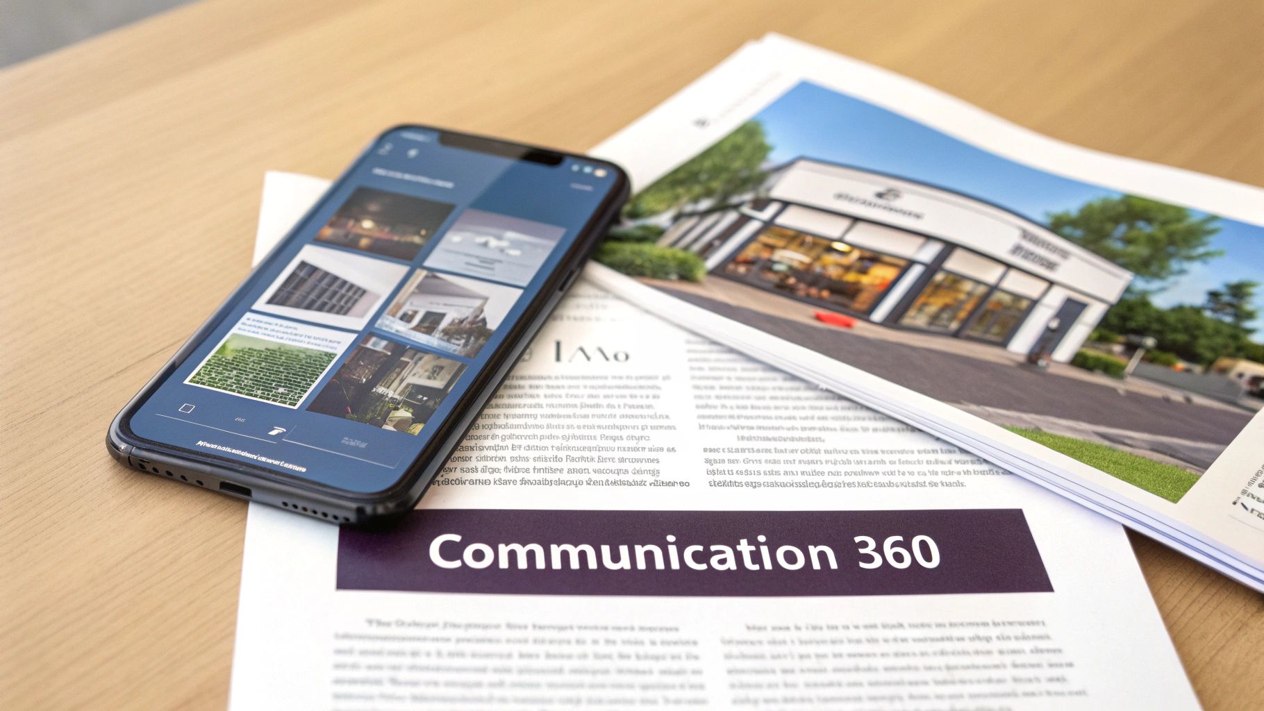 Un smartphone affichant des photos, posé sur un magazine ouvert avec le titre 'Communication 360' et une image de bâtiment.