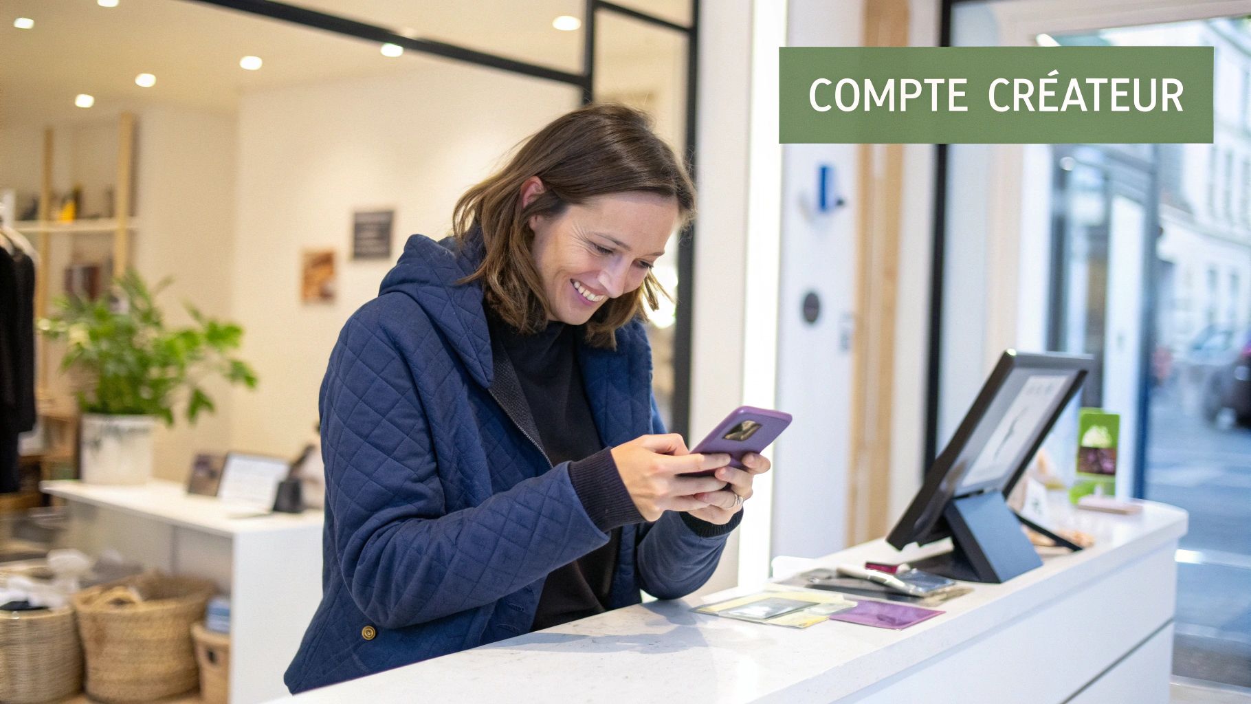 Une femme souriante en veste bleue utilise son smartphone violet à un comptoir de magasin.