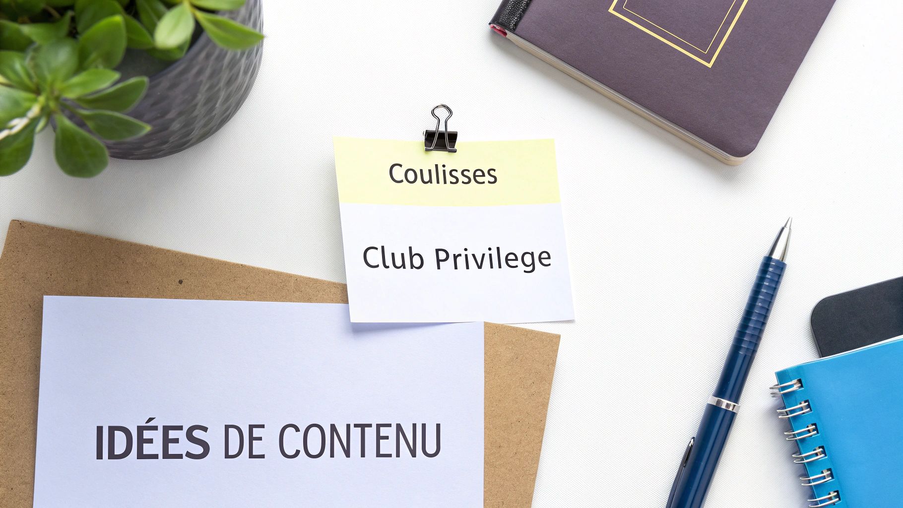 Vue de dessus d'un bureau avec des notes «IDÉES DE CONTENU» et «Coulisses Club Privilege», un carnet et un stylo.