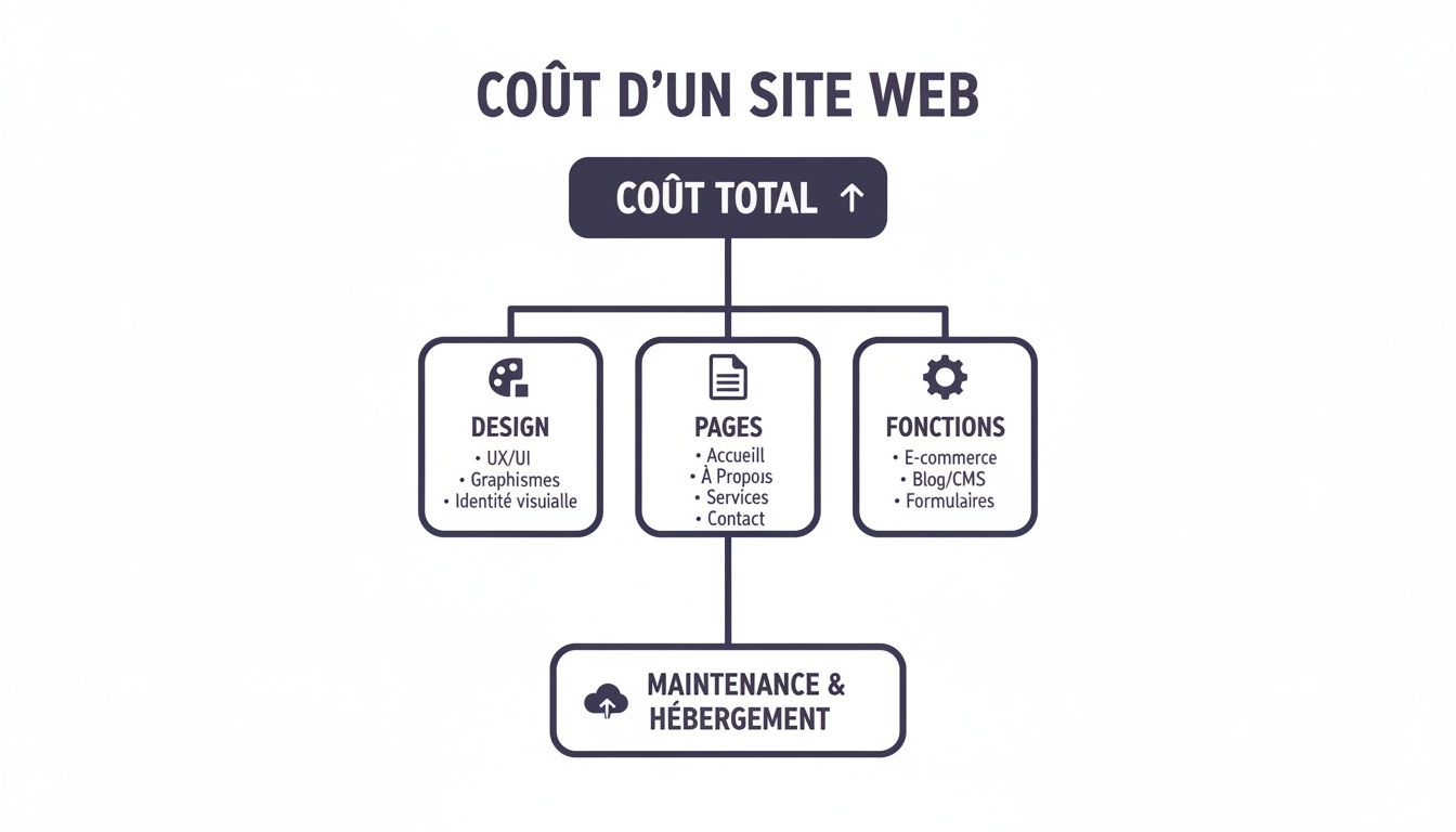 Infographie détaillant le coût total d'un site web, incluant le design, les pages, les fonctions et la maintenance.