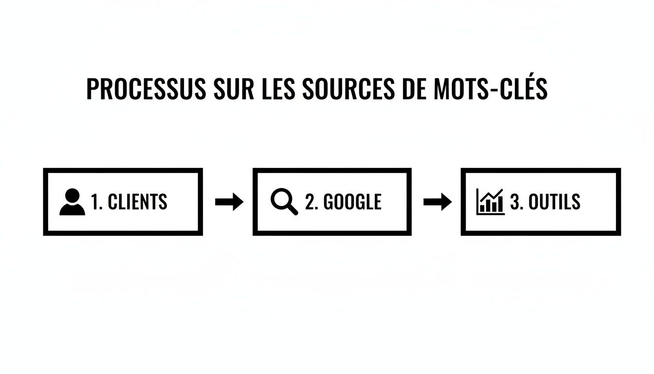 Diagramme de processus montrant les trois sources de mots-clés : les clients, Google et les outils SEO.
