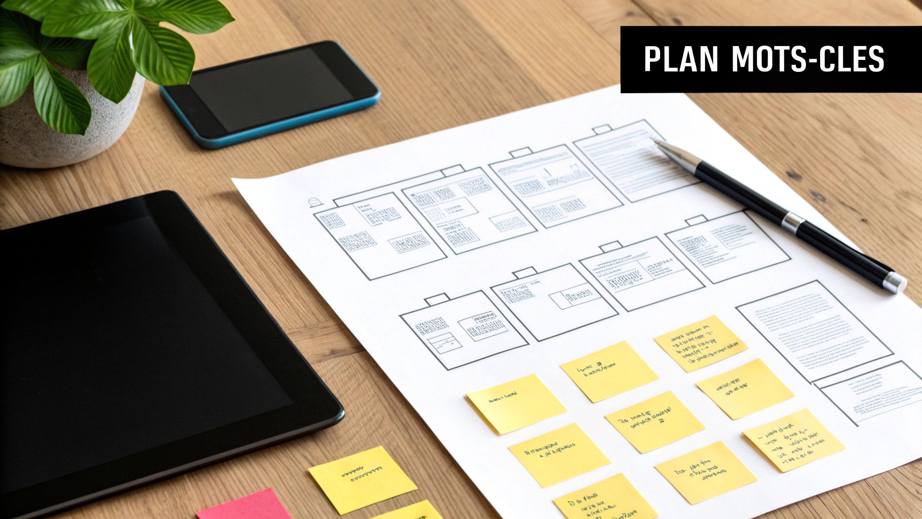 Vue d'ensemble d'un plan de mots-clés SEO avec des wireframes, des notes autocollantes et des appareils électroniques.