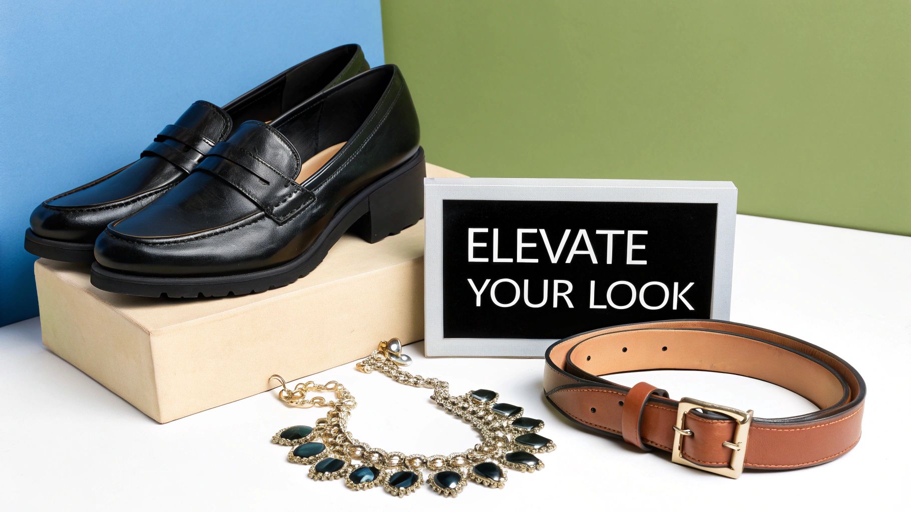 A close-up shot of a woman's business casual accessories, including a classic watch, a leather handbag, and stylish loafers.